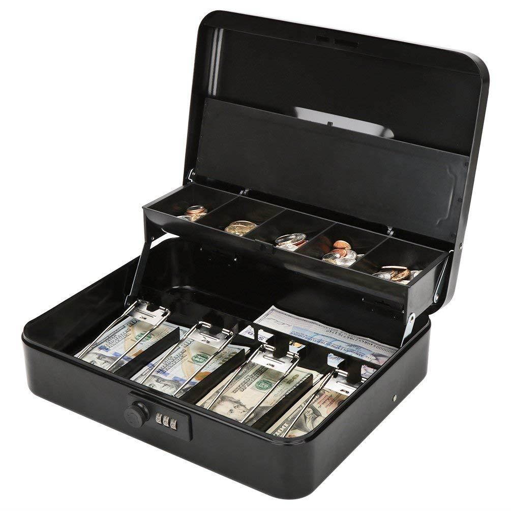 Jssmst Locking Large Metal Cash Box with Money Tray, Money Box with Combination Lock, Black