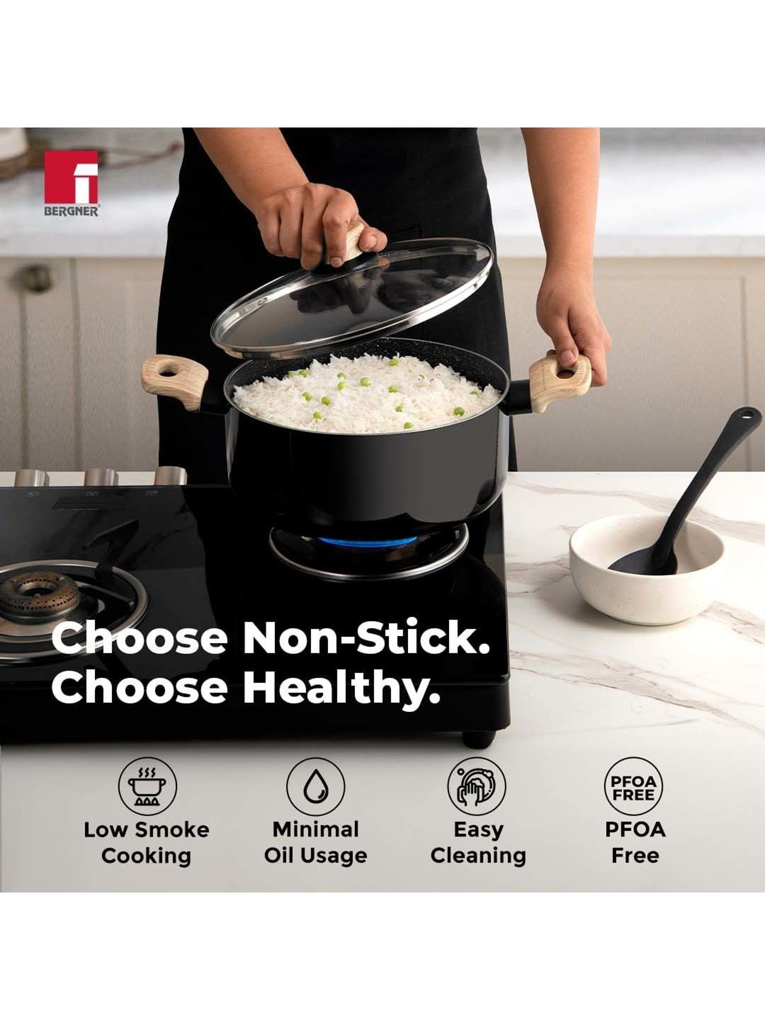 Bergner Bellini & Aura Black 20 cm Induction Cook And Serve Casserole With Wooden Finish Handle