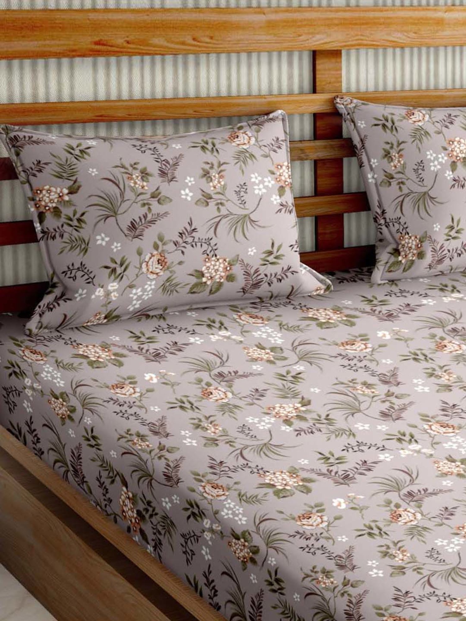 Bella Casa Stella Collection Grey Cotton 180 TC King Size Bedsheet with 2 Pillow Covers