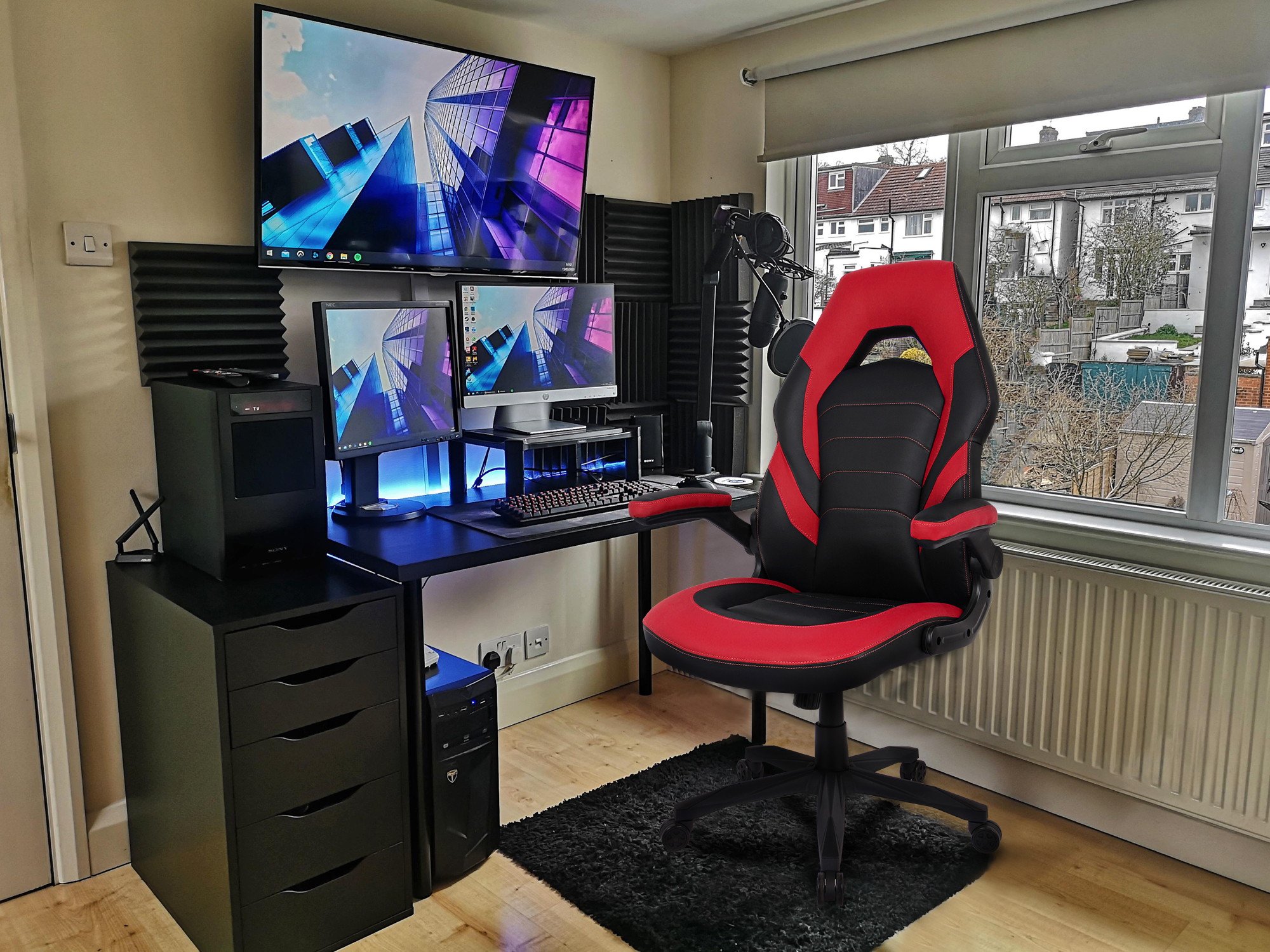 RIMIKING Bonded Leather Racing Ergonomic Gaming Chair Executive Computer Desk Office Chair with Height Adjustable 360&deg;Swivel Flip-up Arms Lumbar Support