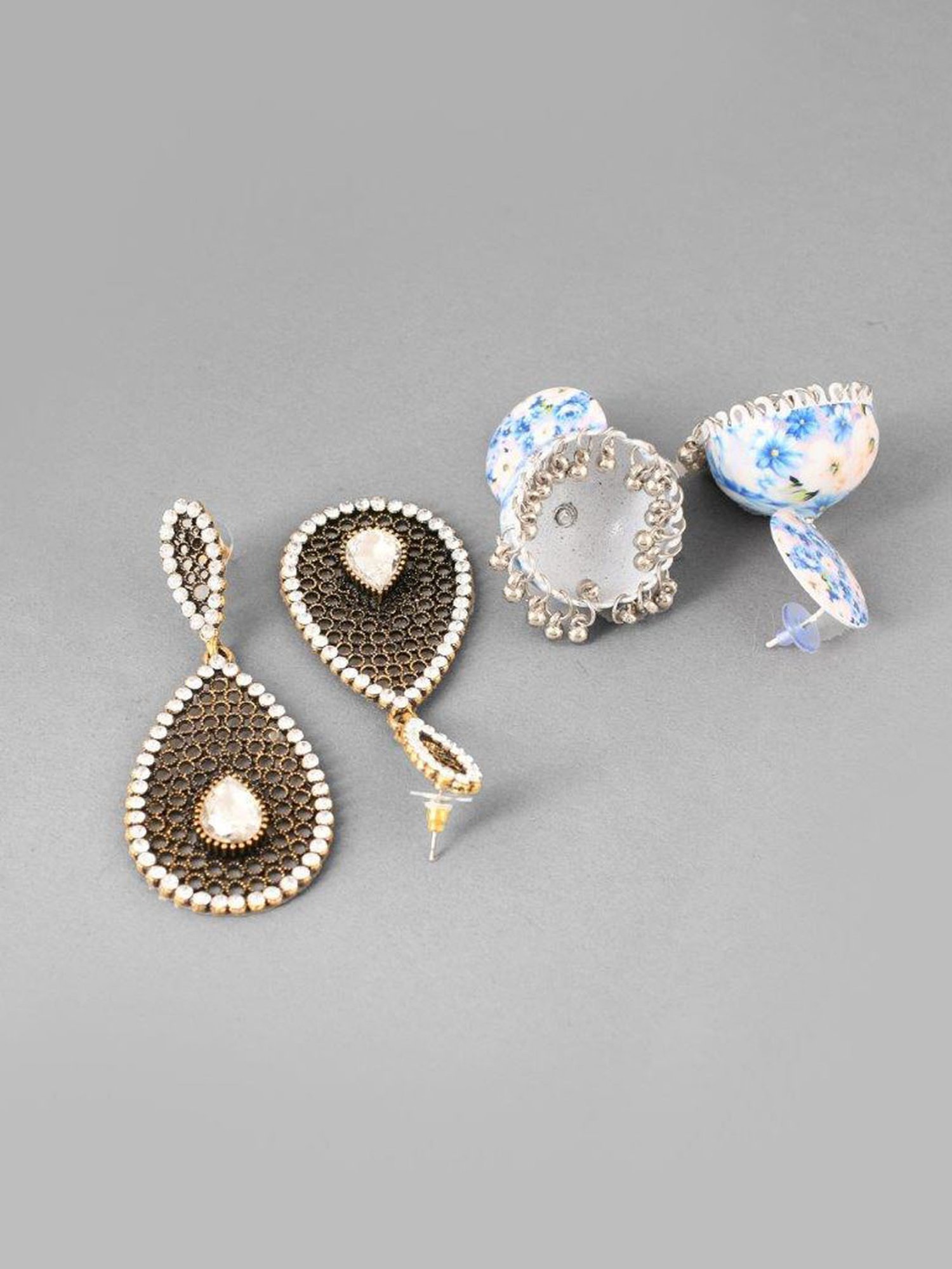 VOJ Set of 2 Earrings- Blue Printed Jhumka with Black AD Studded Drop Earrings for Women