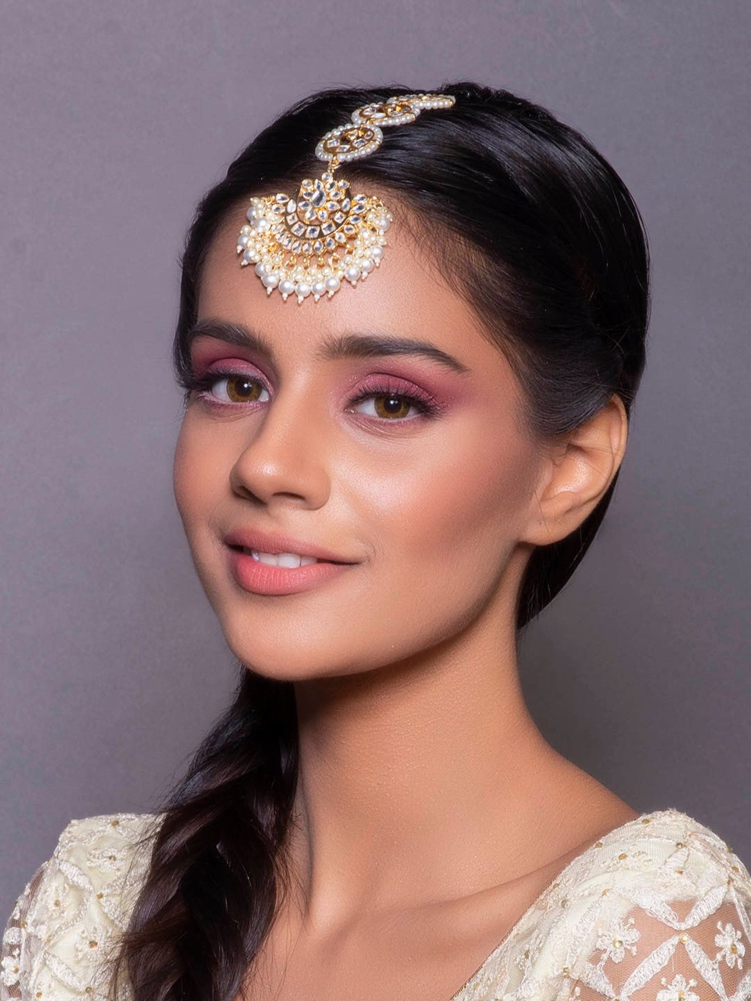 Fida White Pearls Beads Kundan Gold-Plated Crescent Maangtikka for Women