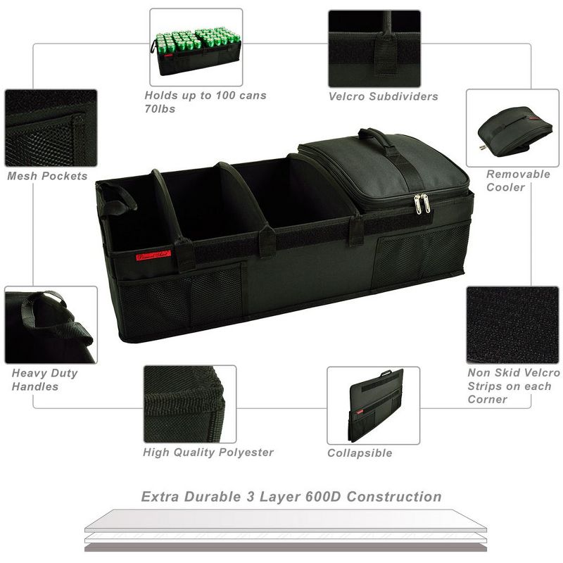 Picnic at Ascot - Ultimate Heavy Duty Trunk Organizer w/Cooler - No Slide Rigid Base - 70 LB Capacity - 30" wide x 14.75" deep X 9" high - Black