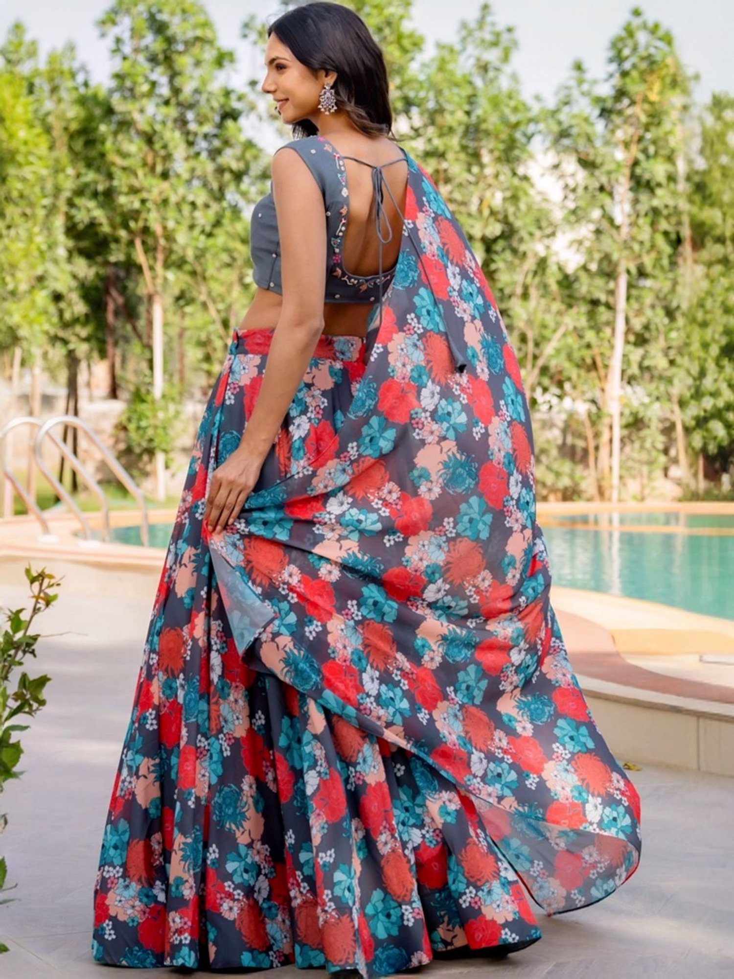 HOUSE OF JAMOTI Grey Printed Lehenga Choli Set With Dupatta