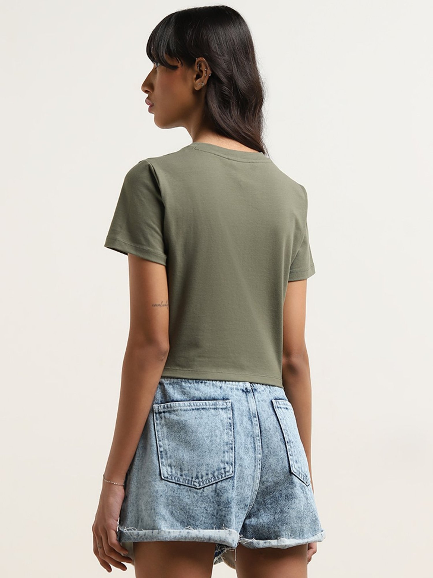 Nuon by Westside Olive Solid Cotton Blend T-Shirt