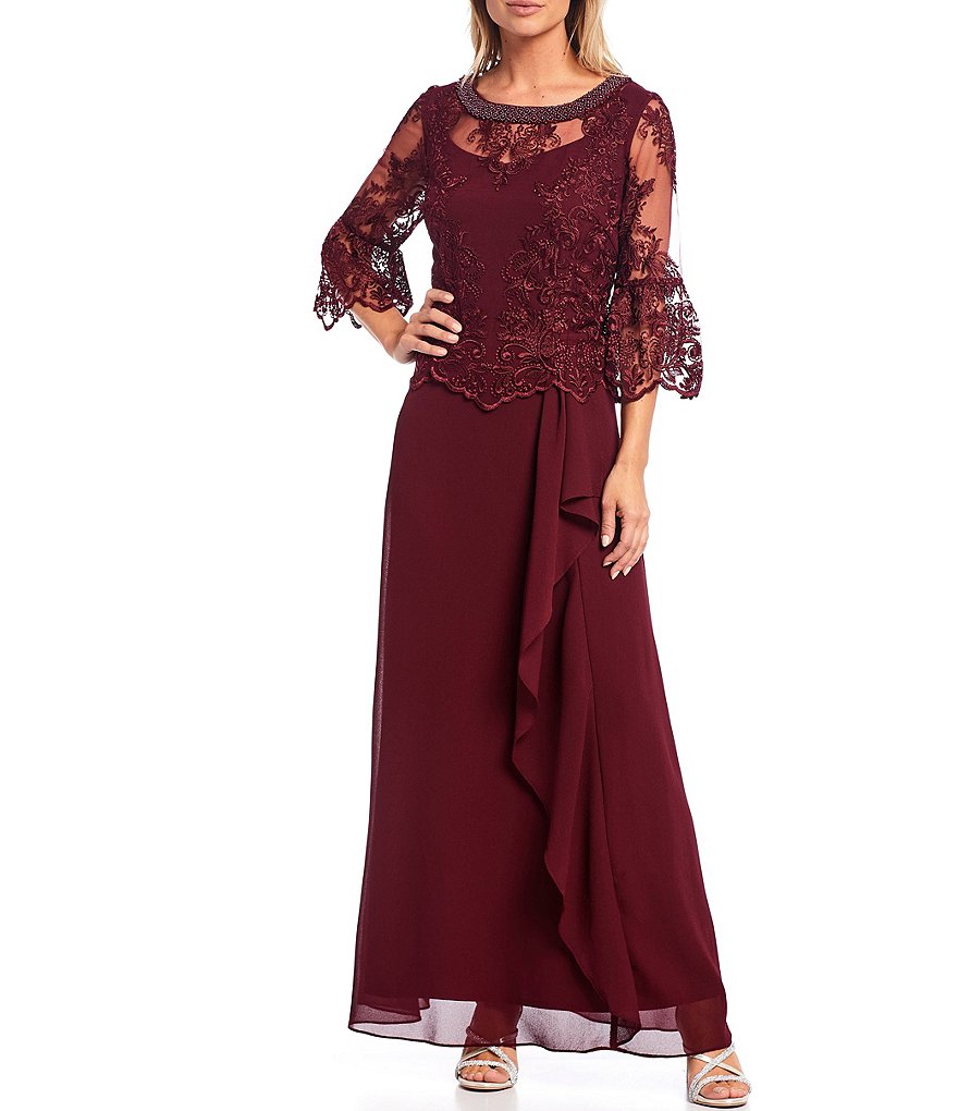 Le Bos A-Line 3/4 Bell Sleeve Lace Popover Cascade Long Gown