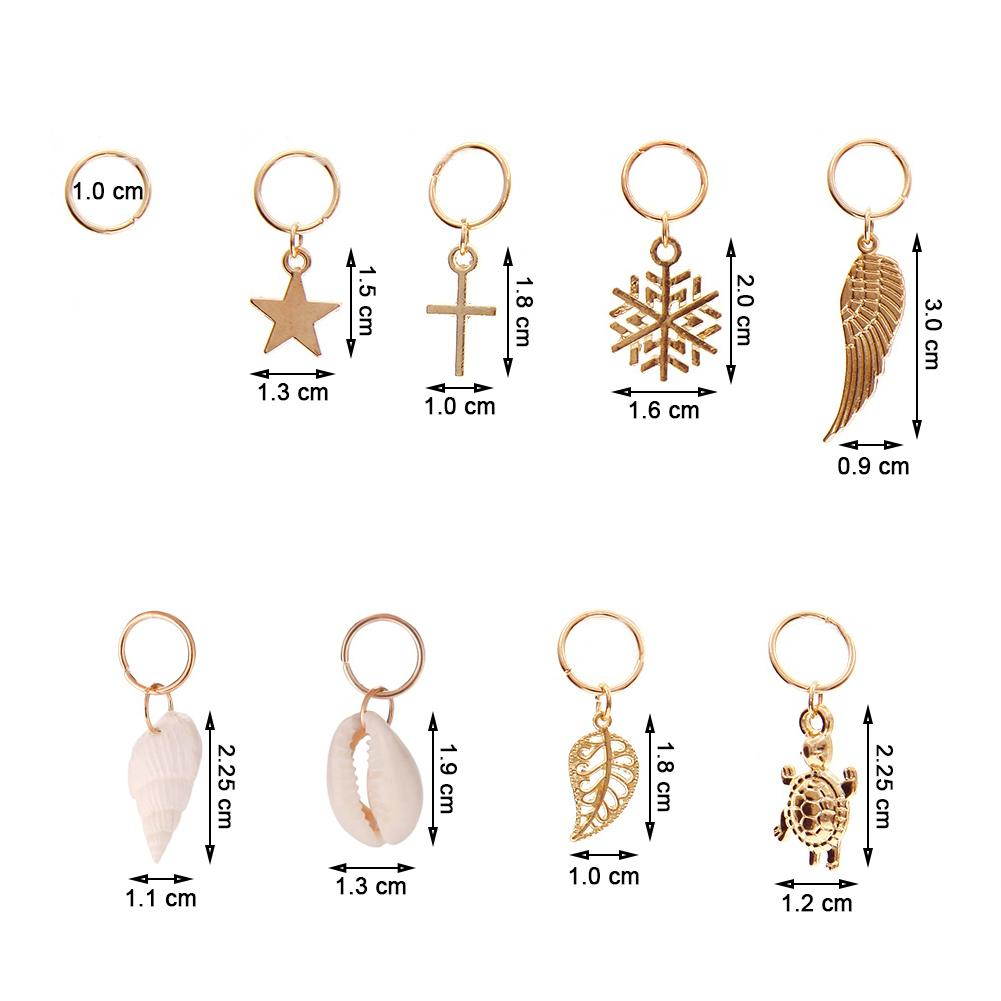50 Pcs Gold Shell Hands Leaves Star Conch Snowflake Pendant Charms Rings Set Hair Clip Headband Accessories for Pierced Braid