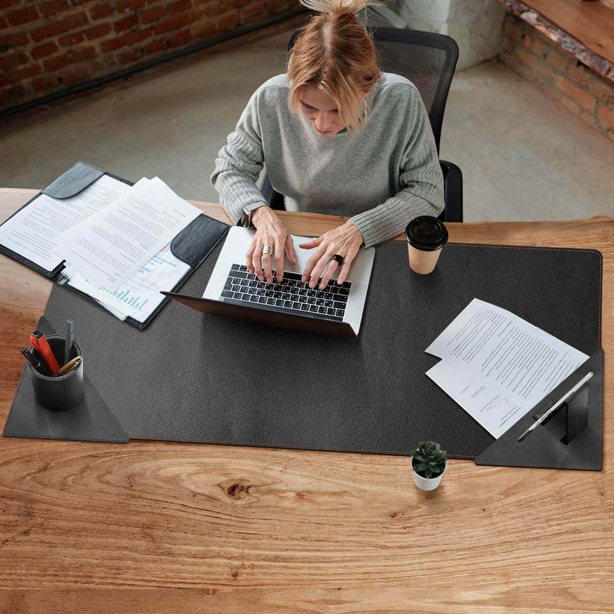 Leather Desk Pad - 47.2 x 19.6 Inch Desk Mat Accessories for Women Men Desk Protector Extended Mouse Pad for Office/Home with Pen Holder and Cell Phone Stand (Black)