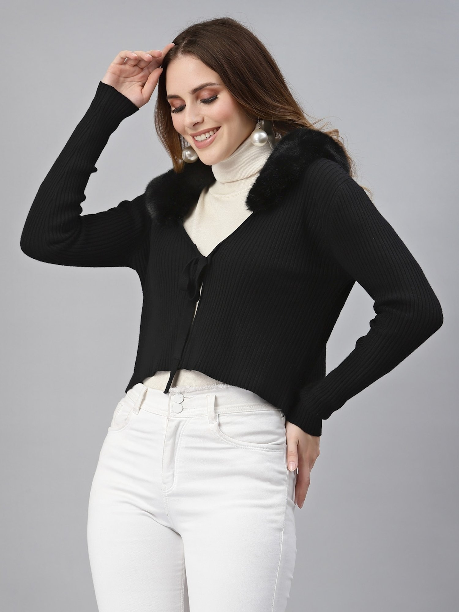 Mafadeny Black Shawl Neck Cardigan