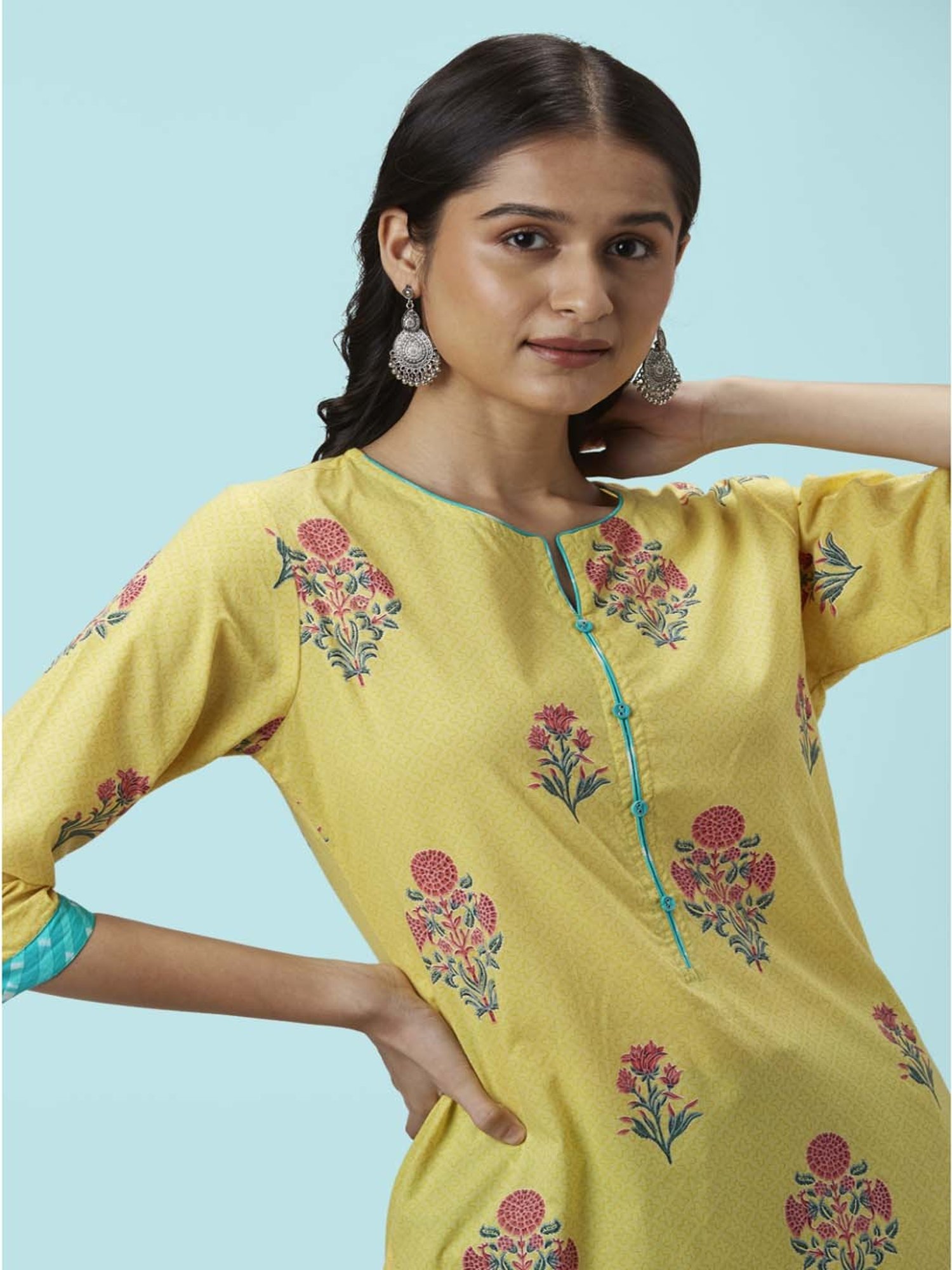 Rangmanch by Pantaloons Yellow & Blue Cotton Floral Print Kurta Palazzo Set