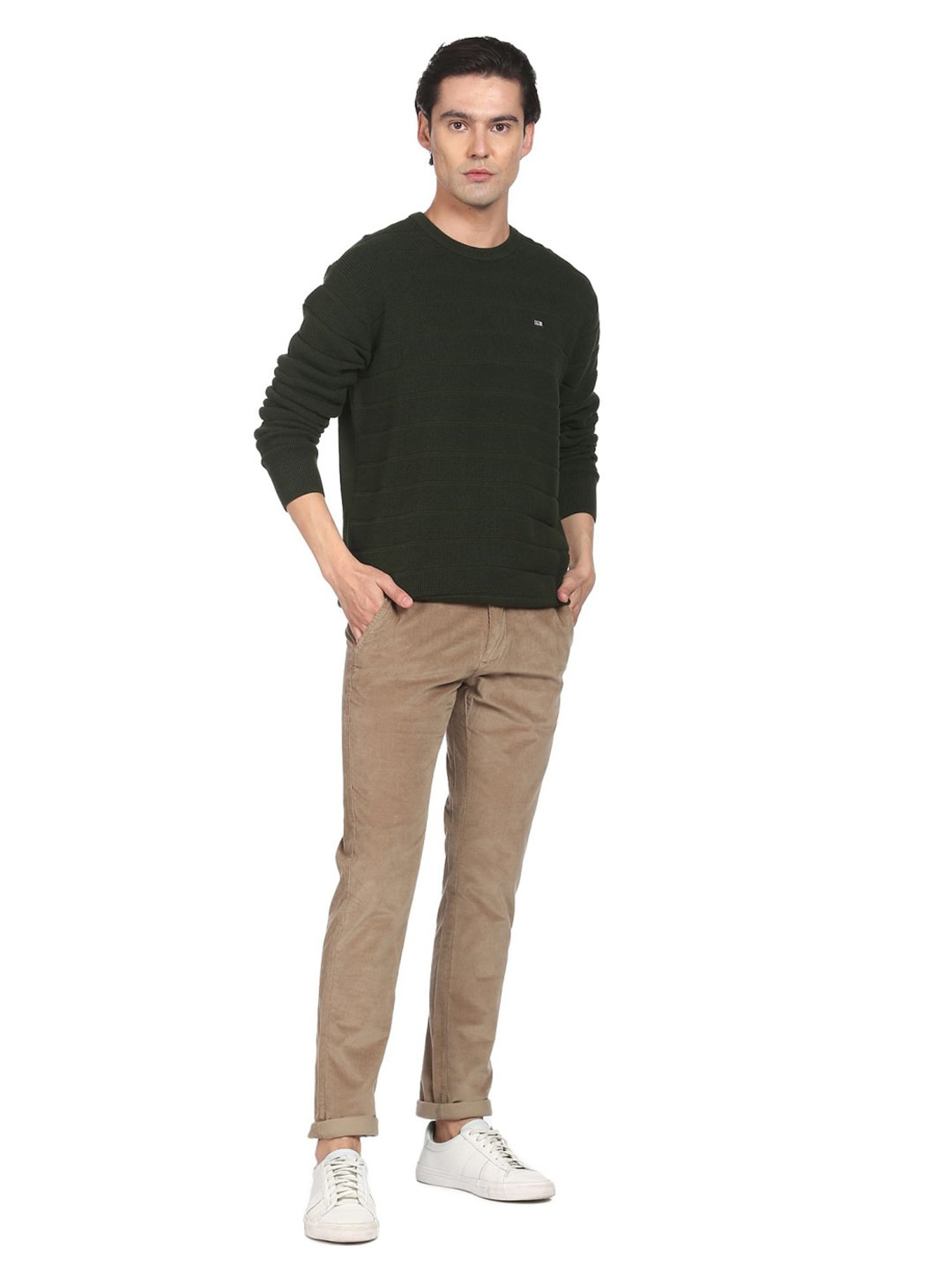 Arrow Sport Olive Cotton Regular Fit Striped Sweater