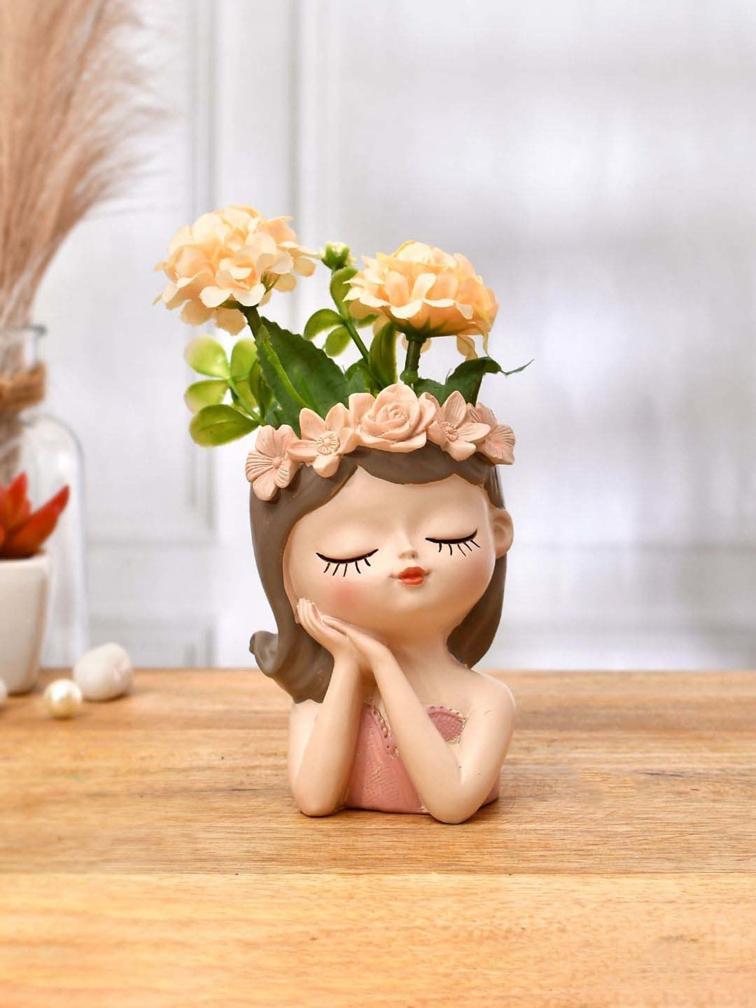 Tayhaa Pink Resin Cute Flower Girl Head Showpiece