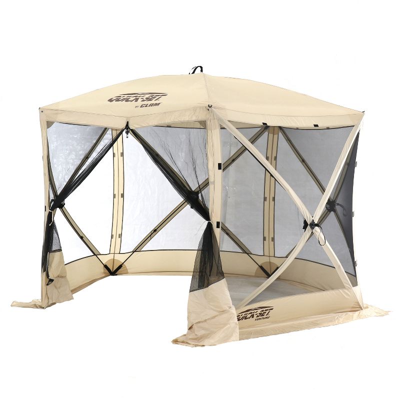 CLAM Quick-Set Venture 9 x 9 Foot Portable Pop Up Outdoor Camping Gazebo Screen Tent 5 Sided Canopy Shelter with Ground Stakes and Carry Bag, Tan