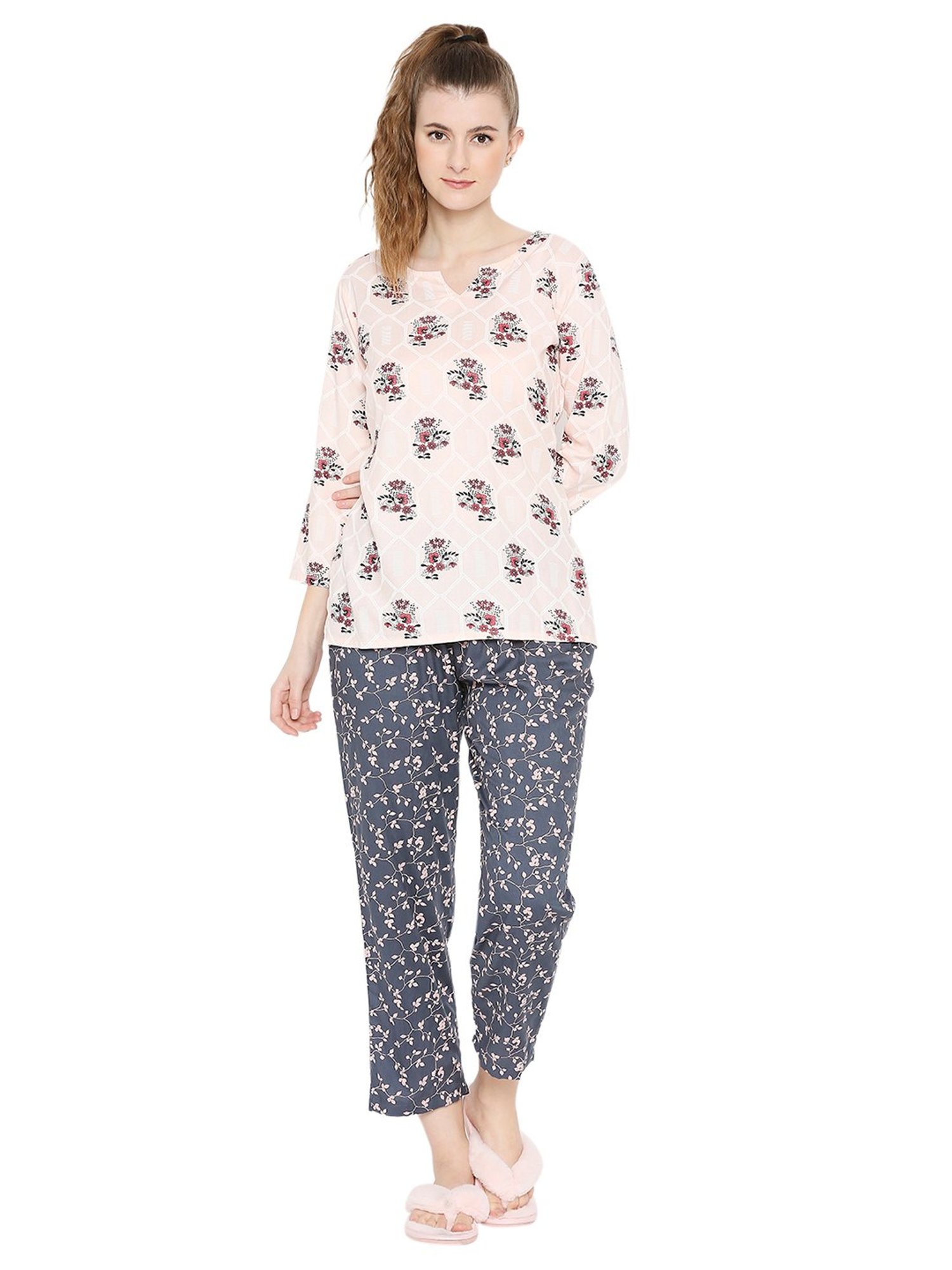 Smarty Pants Light Pink & Grey Cotton Floral Top With Pyjamas