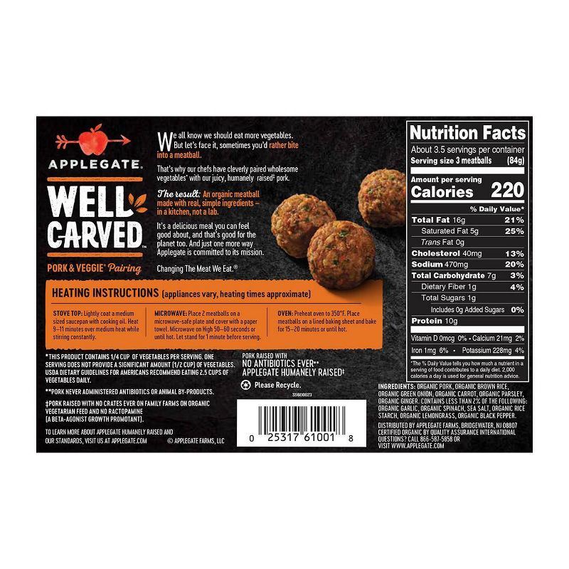 Applegate Well Carved Organic Asian Style Pork & Vegetable Meatballs - Frozen - 10oz