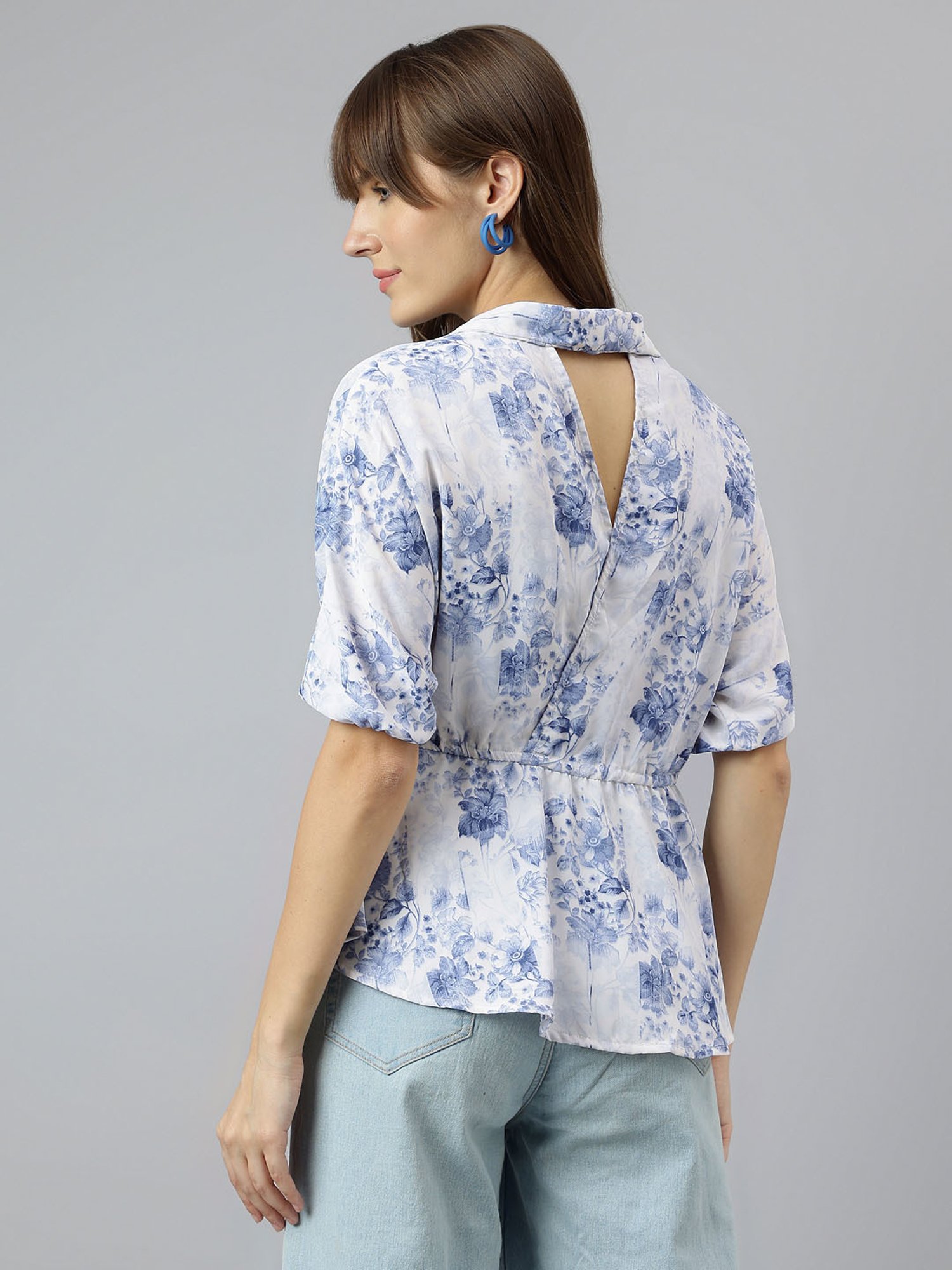 Latin Quarters Blue Printed Peplum Top