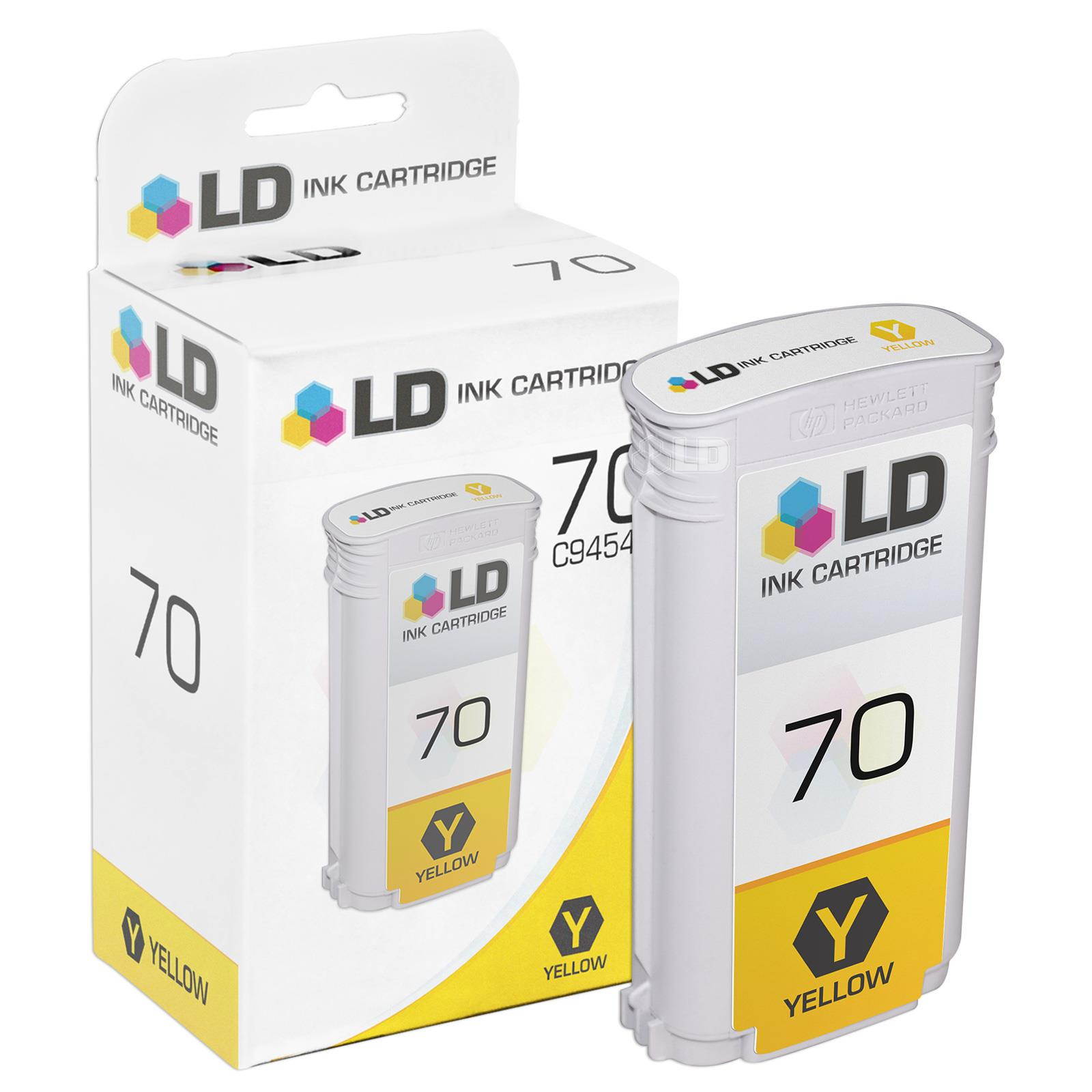 LD Compatible Replacements HP 70 3PK Pigment Cartridges: 1 C9452A Cyan, 1 C9453A Magenta, and 1 C9454A Yellow