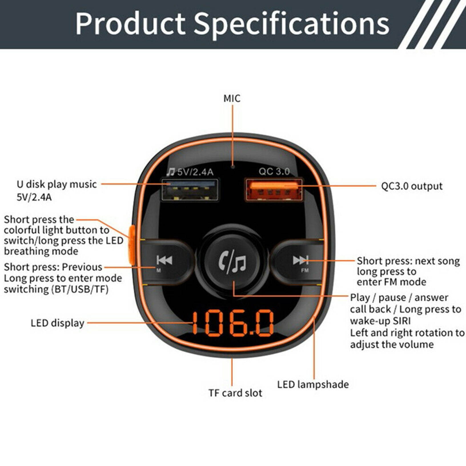 Bluetooth 5.0 FM Transmitter QC3.0 Car Charger 7Color Radio Adapter Handsfree TF