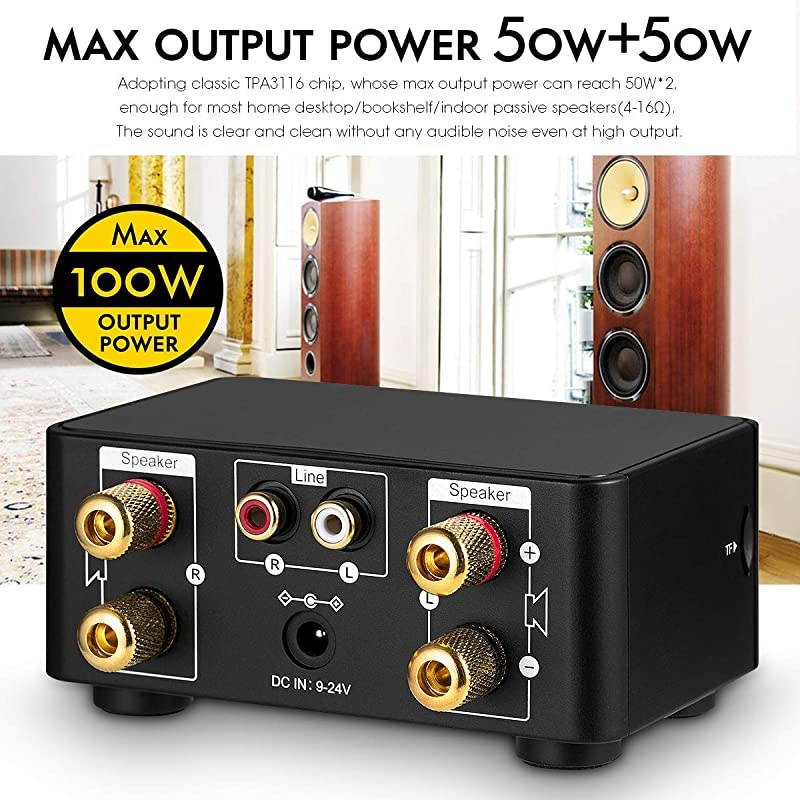 100W Mini Bluetooth 5.0 Power Amplifier Hi-Fi Stereo Class D Audio Amp 2.0 Channel Wireless Receiver Lossless Music Player TF USB Home Speaker (Black)
