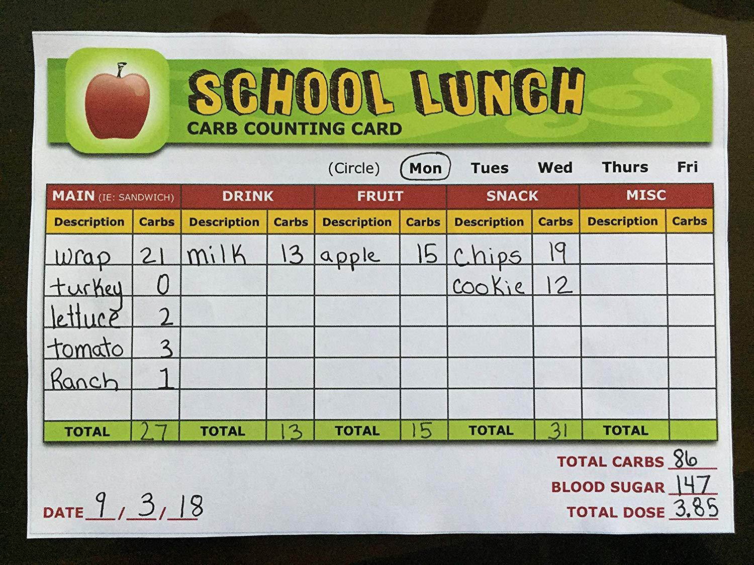 Diabetic School Lunch Carb Counting Card