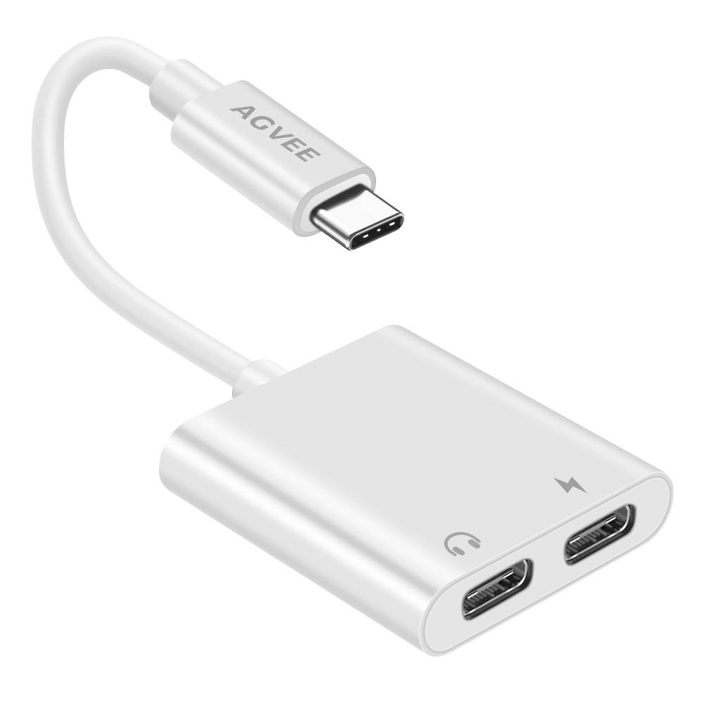 AGVEE Dual USB-C Headphone & Charging Adapter, Type-C Earbud Splitter, Duo USBC Audio & Charger Jack Earphone Dongle for Samsung S21 S20 FE 5G Ultra, Note 20 10, iPad Pro, Pixel 2 3 4 5 XL, Gray