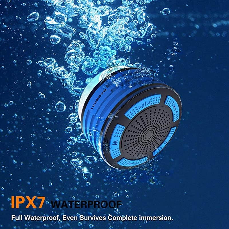 Shower Speaker Waterpoof IPX7, Portable Wireless Bluetooth Speakers with Radio, Suction Cup & LED Mood Lights, Super Bass HD Sound Perfect Pool, Beach, Bathroom, Boat, Outdoors (01.Blue)