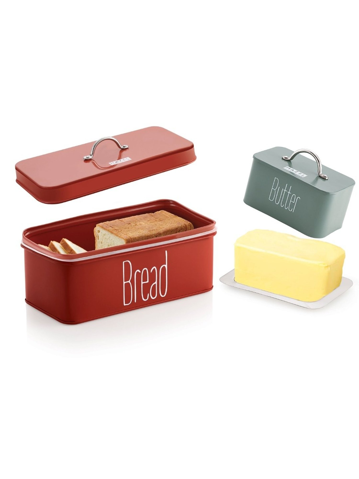 HAZEL Red and Olive Green Galvanized Metal Bread Butter Box - Set of 2 (4.1L)