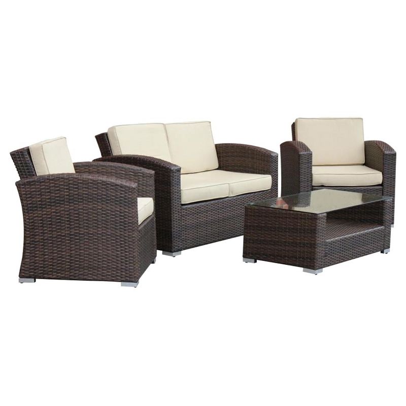 Bahia 4 Piece All Weather Wicker Seating Set Dark Brown with Beige Cushions - Thy Hom