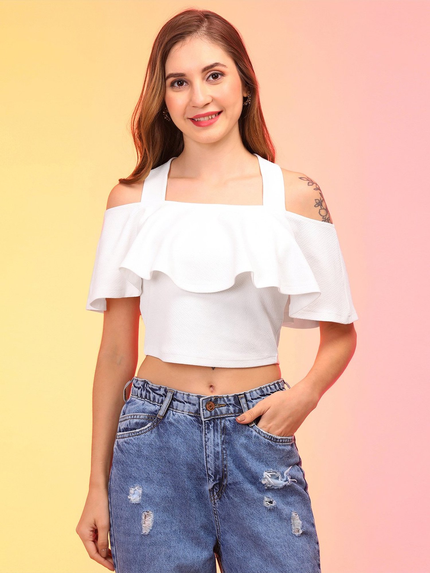 Globus White Regular Fit Crop Top