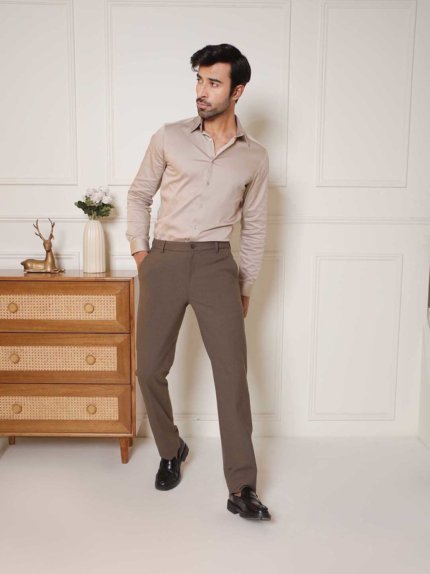 SUBTRACT Brown Slim Fit Flat Front Trousers