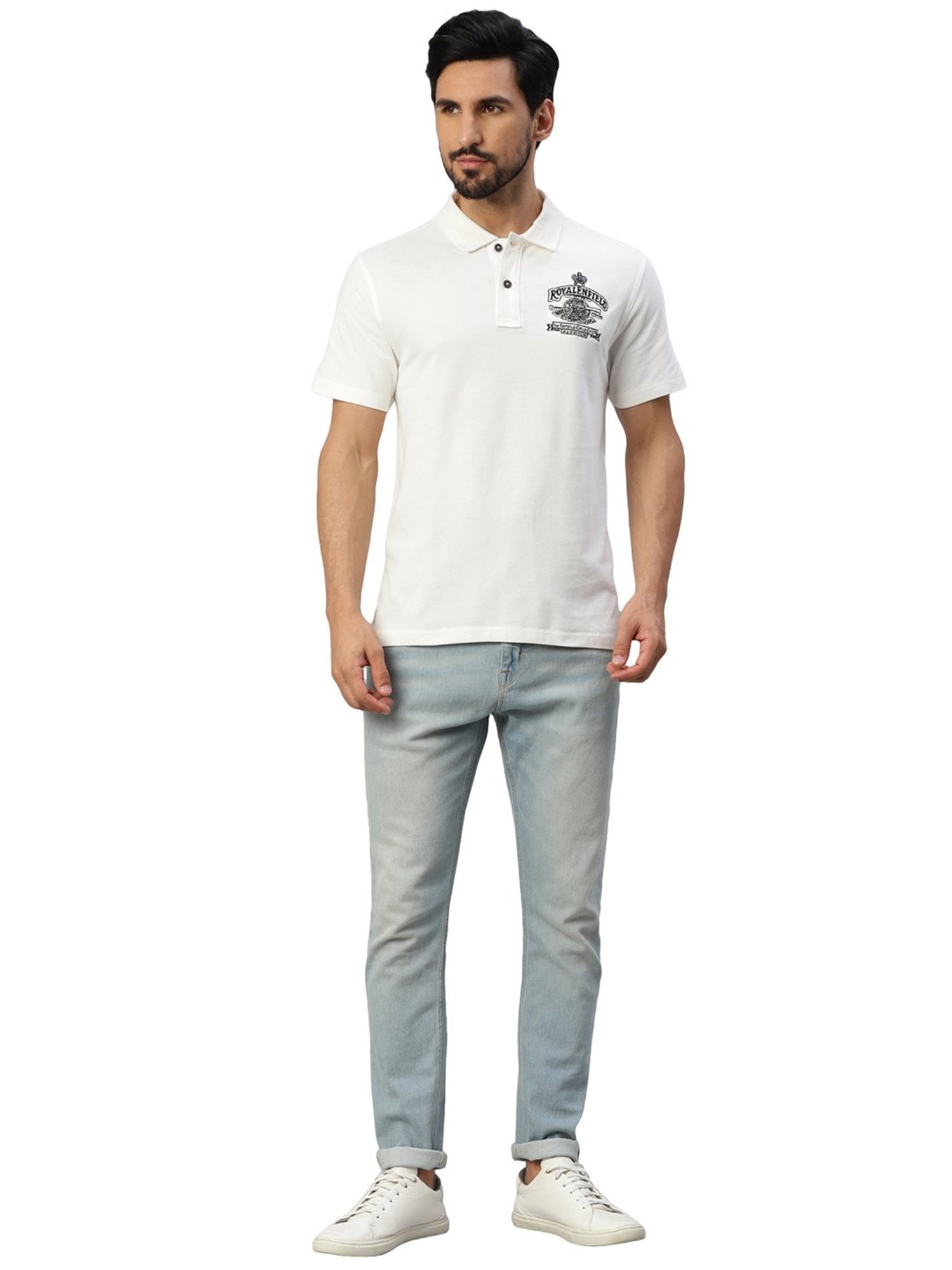 Royal Enfield Vintage Voyage White Regular Fit Printed Polo T-Shirt