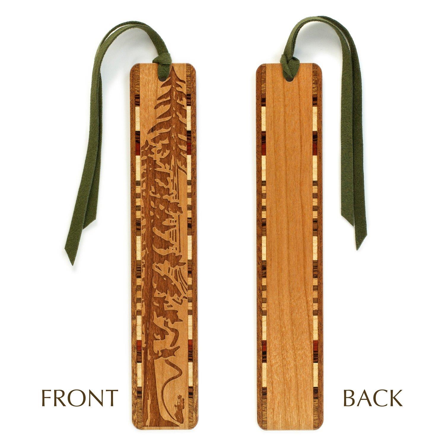 Engraved Wooden Bookmark &ndash; Evergreen Hiker with Green Tassel &ndash; Search &ldquo;B0722P4B7G&rdquo; to see personalized version