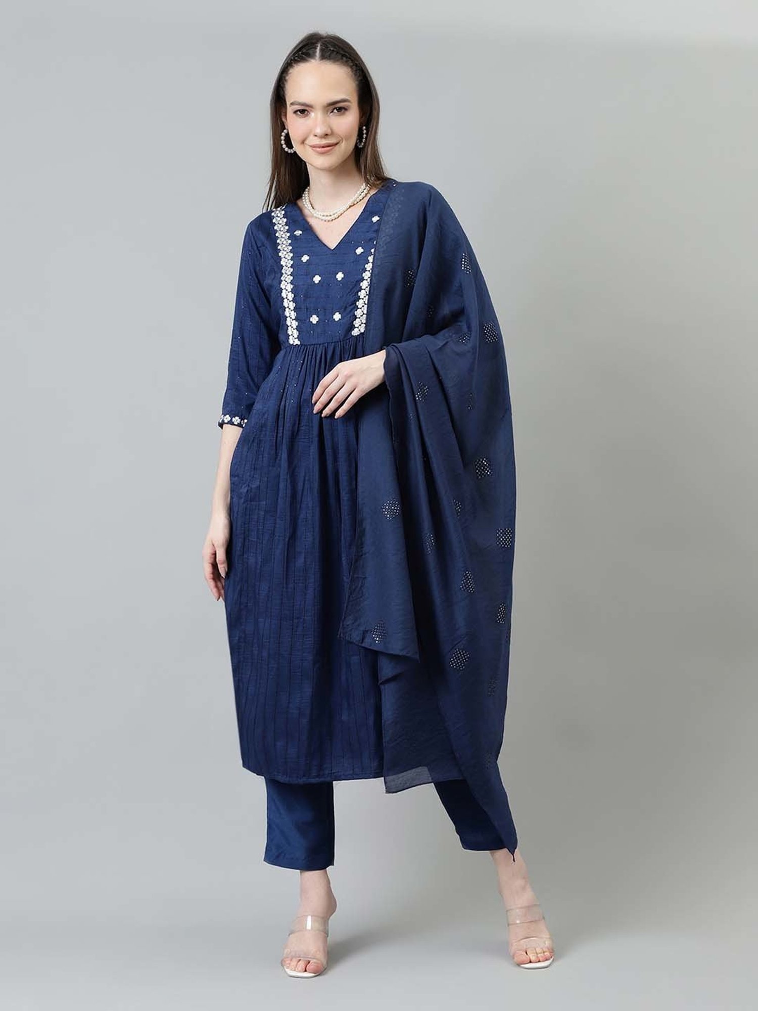 Sringam Blue Embroidered Kurta Pant Set With Dupatta