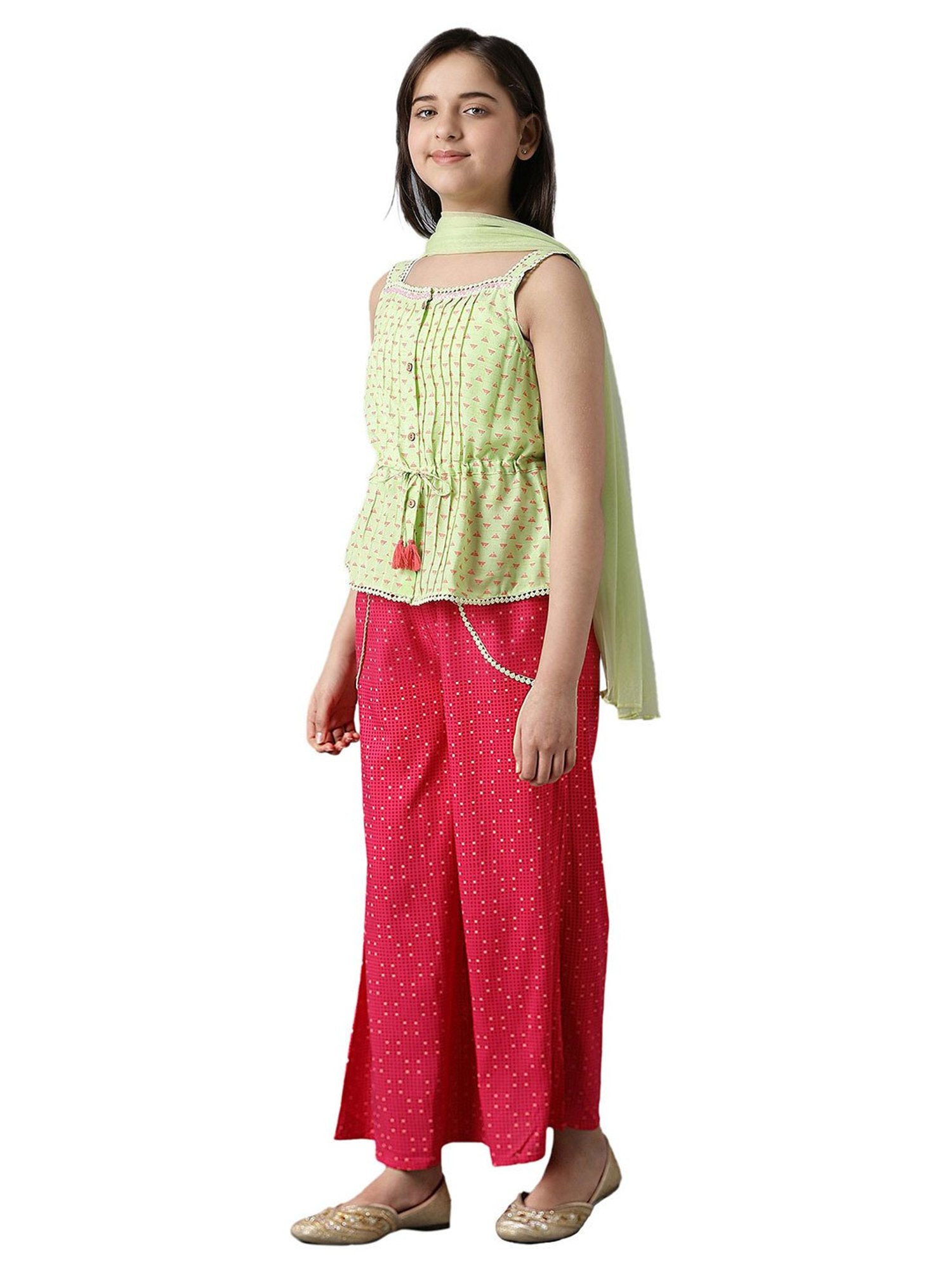 Aurelia Kids Green & Pink Printed Kurti with Palazzos & Dupatta