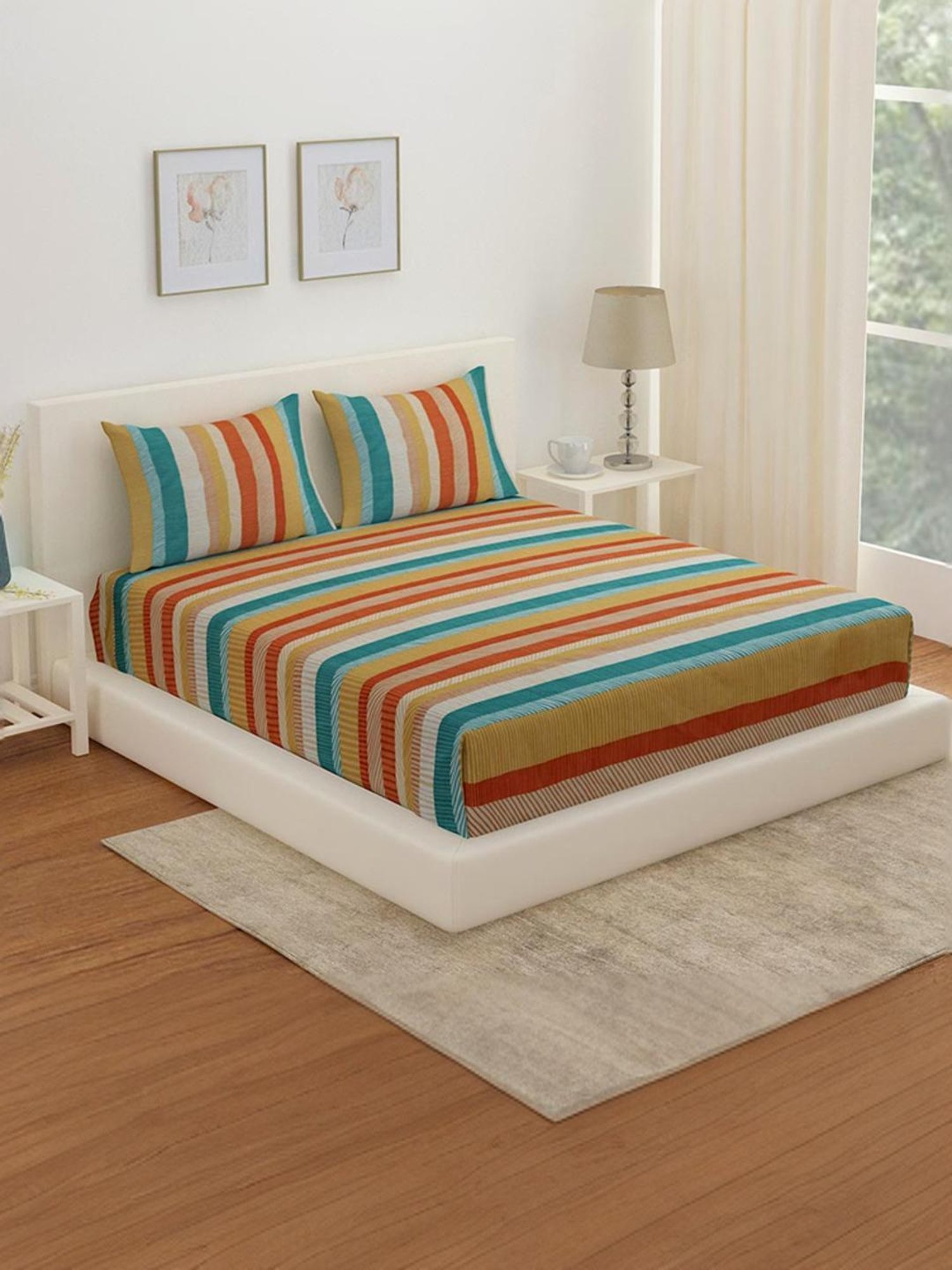 @Home Arias Multicolor 165 TC Cotton King Bedsheet with 2 Pillow Covers