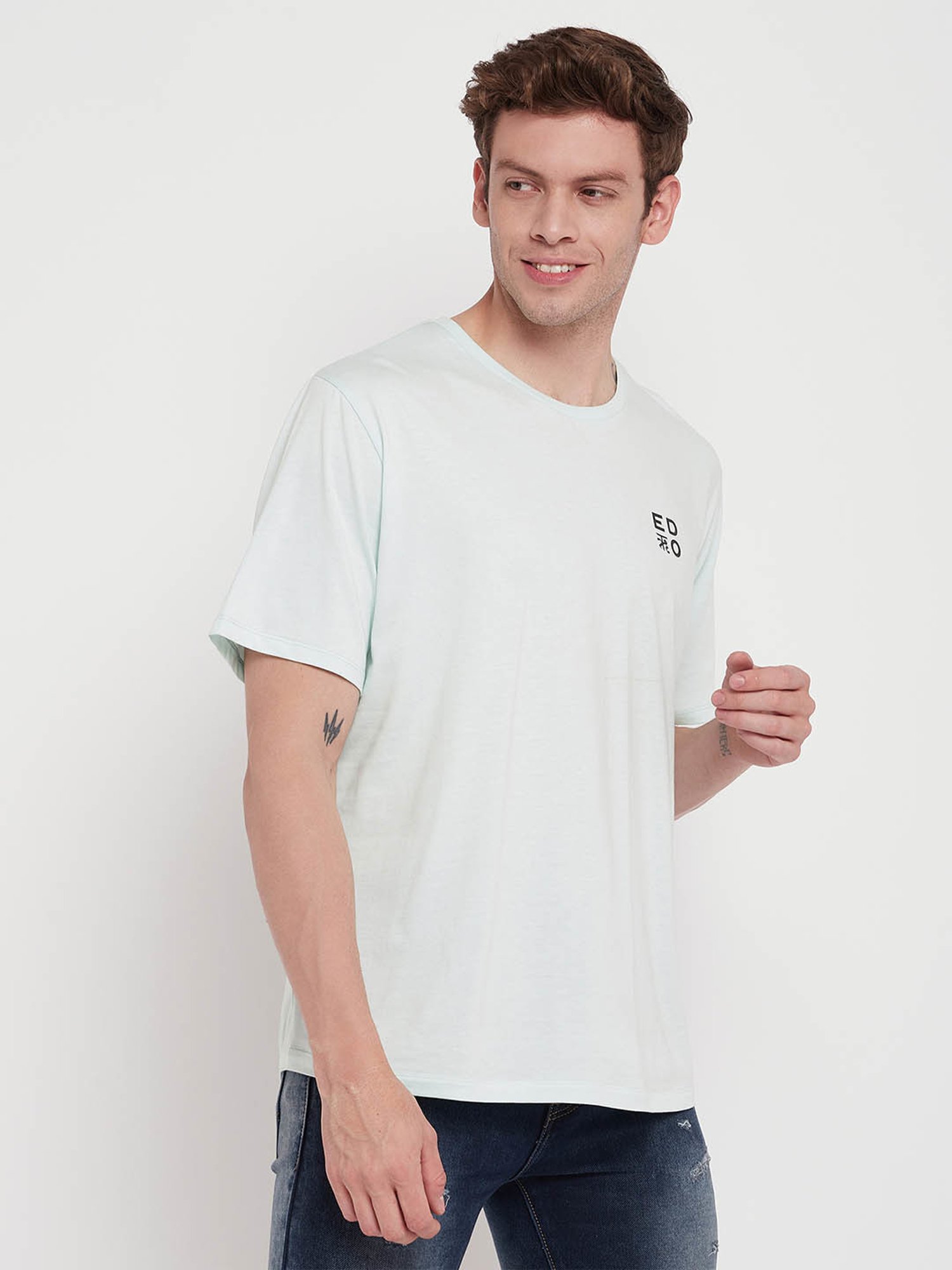 EDRIO Light Blue Regular Fit Printed T-Shirt