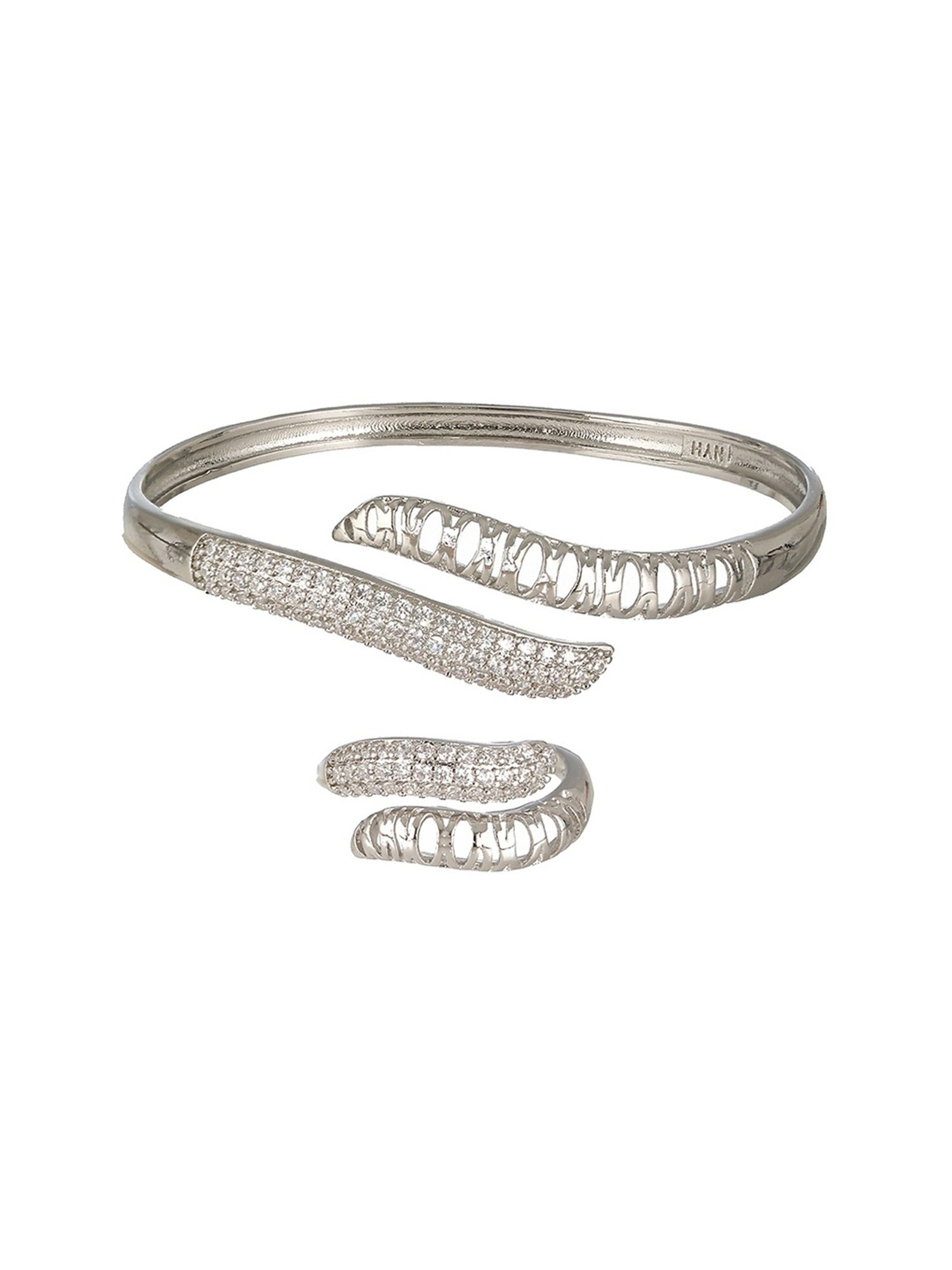Prita by Priyaasi Wave AD Silver-Plated Cuff Bracelet & Ring Set
