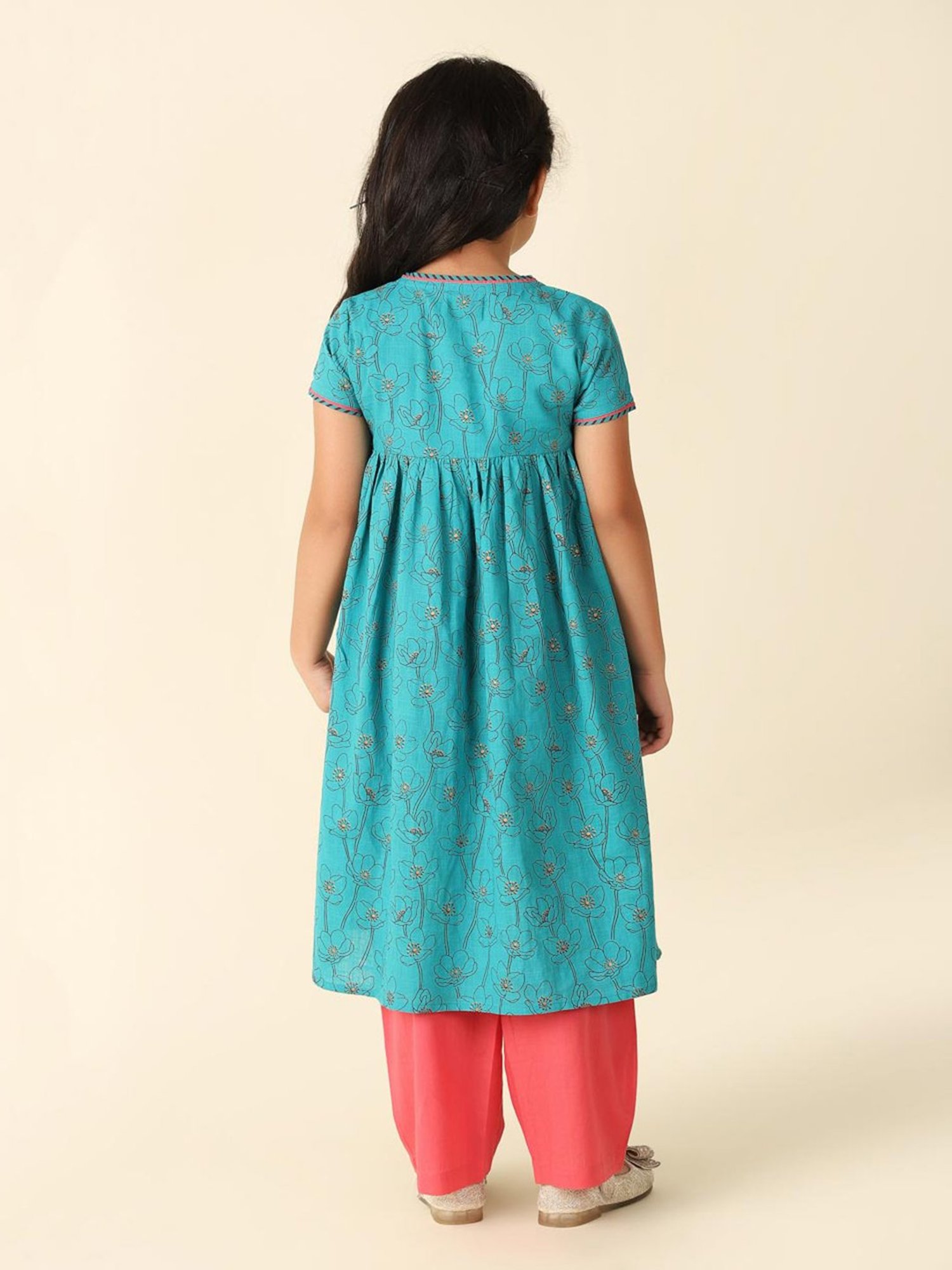 Fabindia Kids Blue & Coral Floral Print Kurta, Salwar with Dupatta