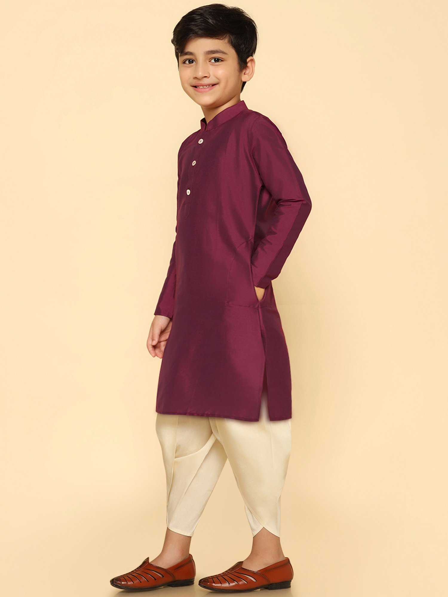 KISAH Kids Magenta & Cream Solid Full Sleeves Kurta with Dhoti