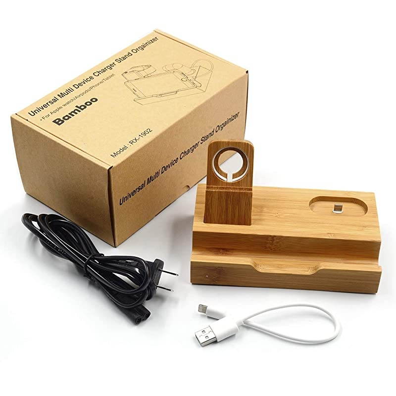3Port Bamboo Charging Station Desk Dock Stock Cradle Holder Organizer Charging Stand for Universal Multi Device Compatible AirPodsApple WatchCell Phone with Case