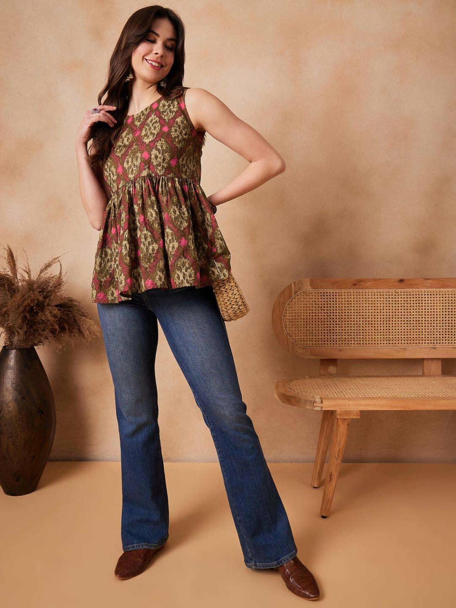 Inweave Olive Green & Maroon Cotton Printed Top