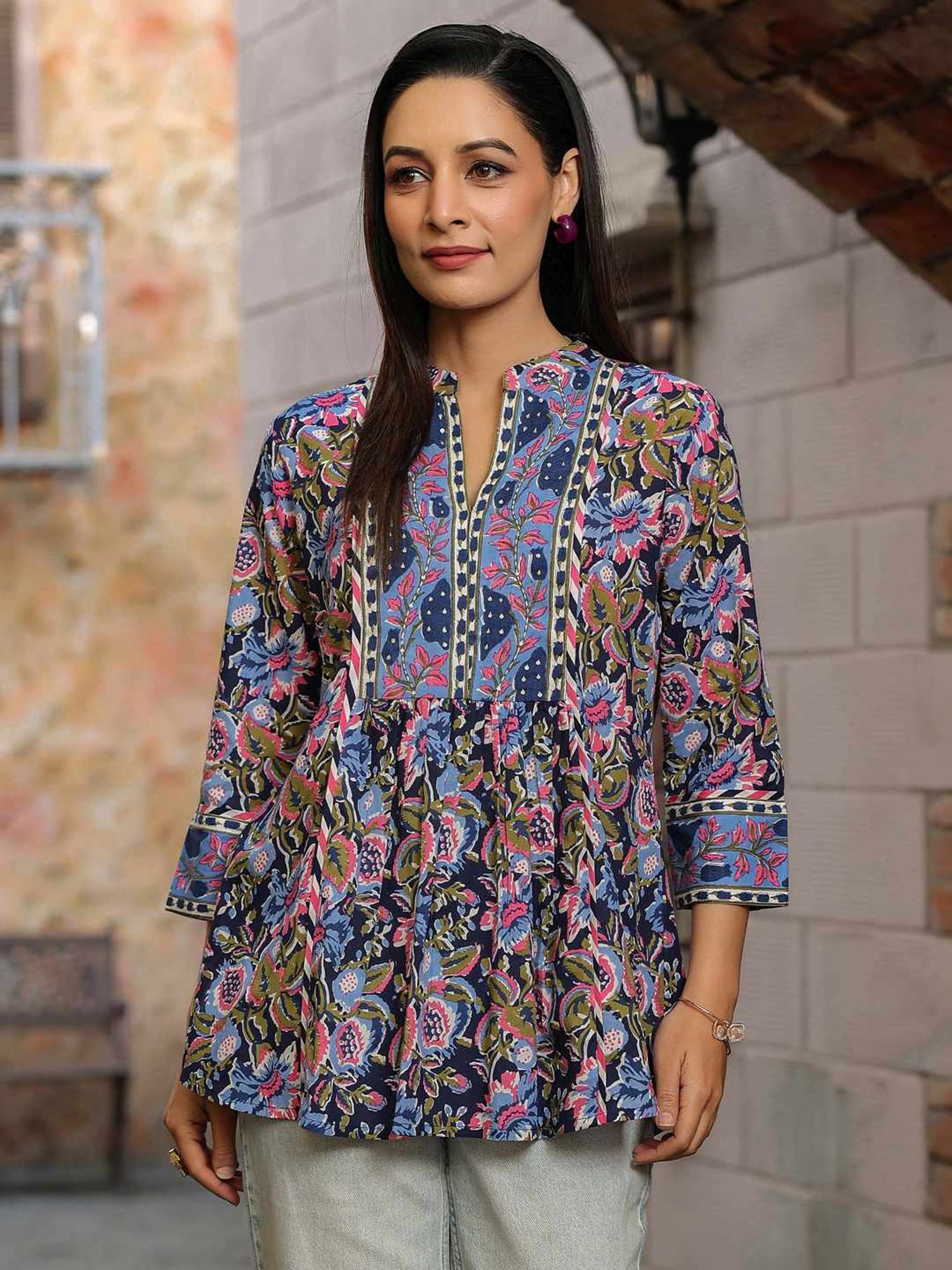 Rain and Rainbow Blue Cotton Floral Print Top