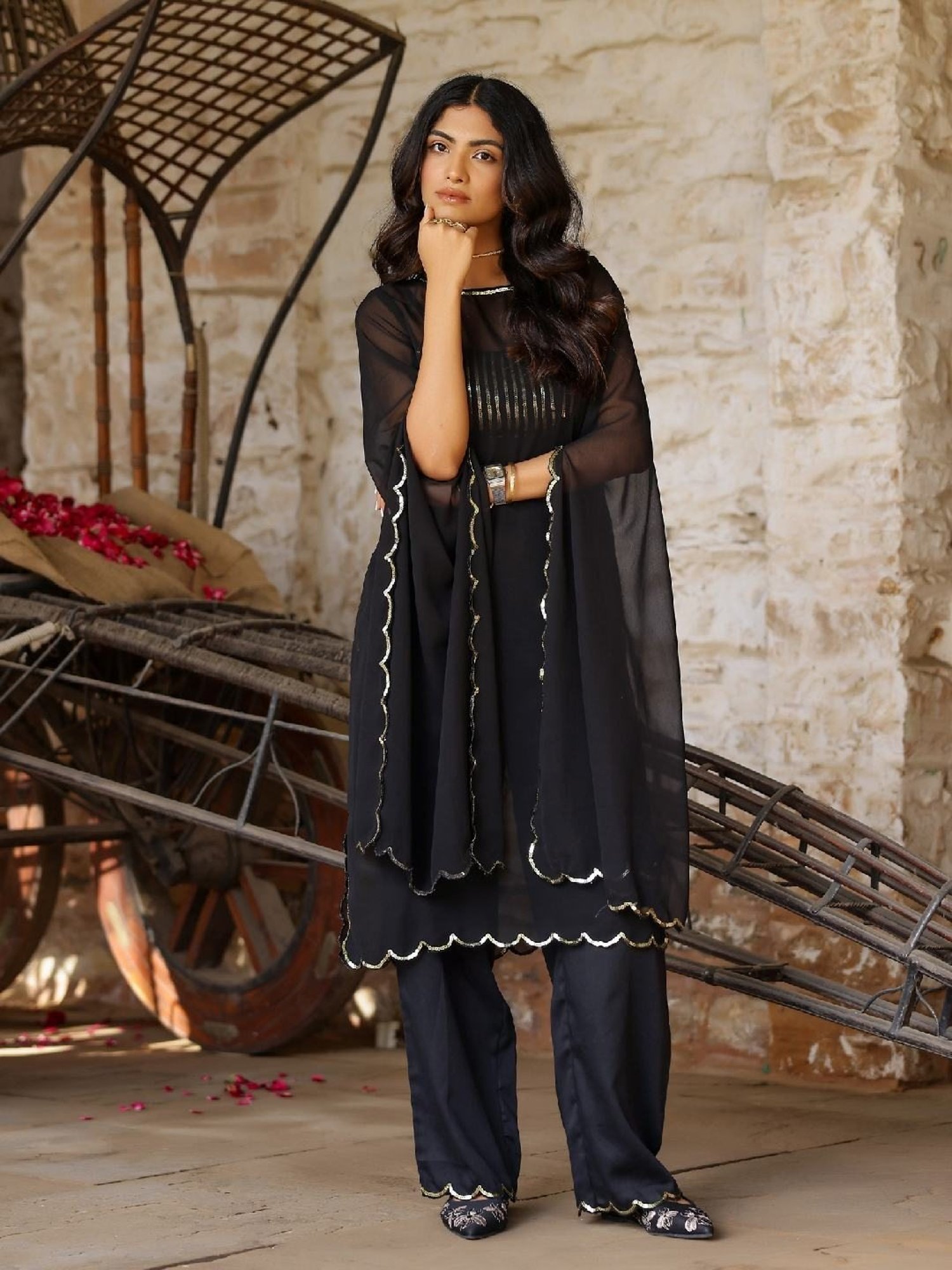 Gulaal Black Sequin Detailed Gorgette Kurta with Bralet and Pant