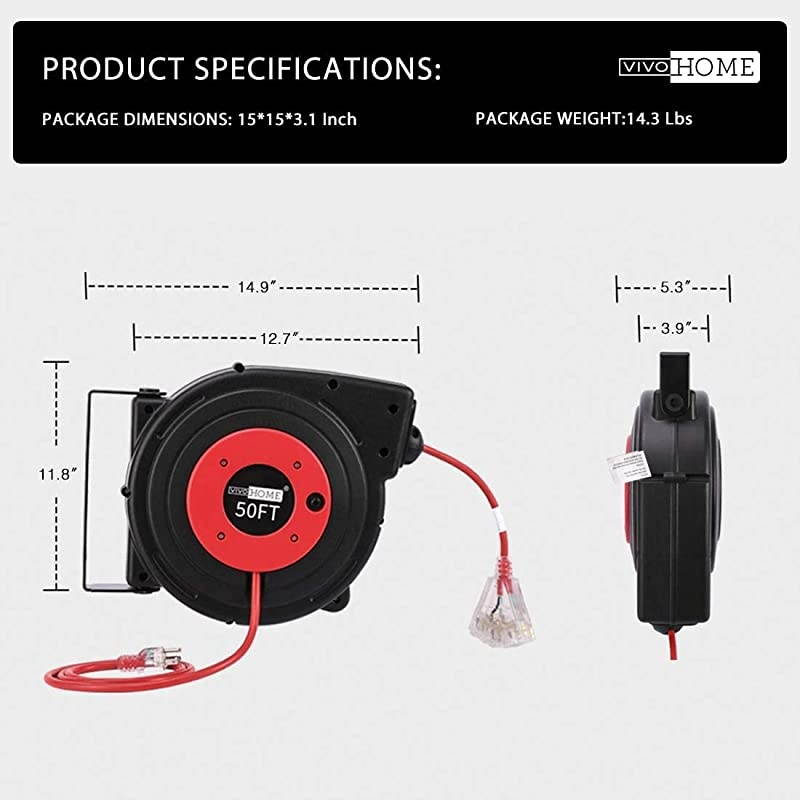 Heavy Duty 50 Feet Retractable Extension Cord Reel with Ceiling Wall Mount Swivel Bracket and LED Light Connector ETL Certified