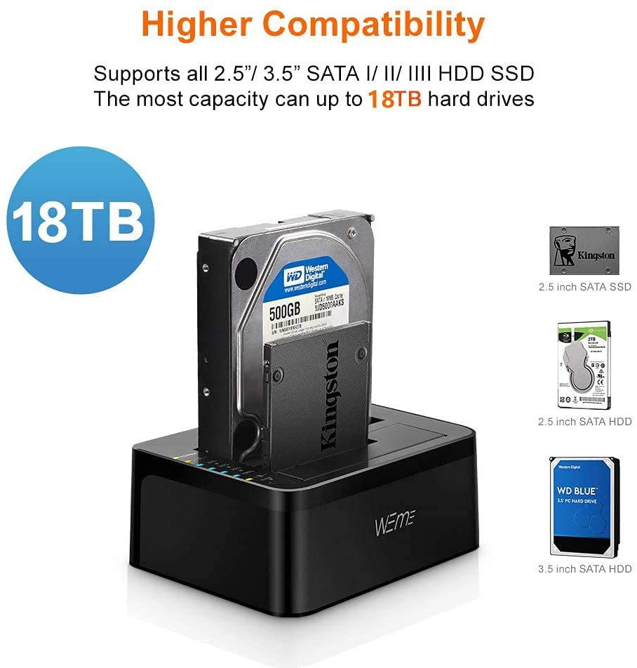 USB 3.0 to SATA Dual-Bay External Hard Drive Docking Station with Offline Clone/Duplicator Function for 2.5 & 3.5 Inch HDD SSD SATA (SATA I/II/III) Support 2X 8TB & UASP, Tool-Free
