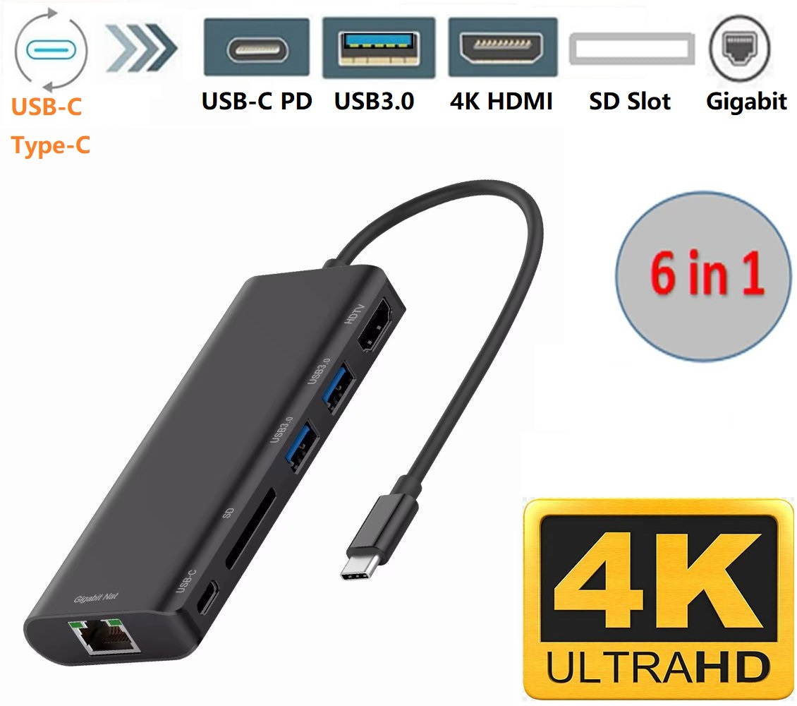 6-in-1 Type-C to 4K HDMI + 1000M LAN + SD + 2 x USB3.0 + 60W PD Adapter, Support 4K 30Hz UHD Video, Gigabit Ethernet, SD Card Reader, USB-C PD 60W Quick Charging and USB 3.0 Type-C Dongle USB C HUB.