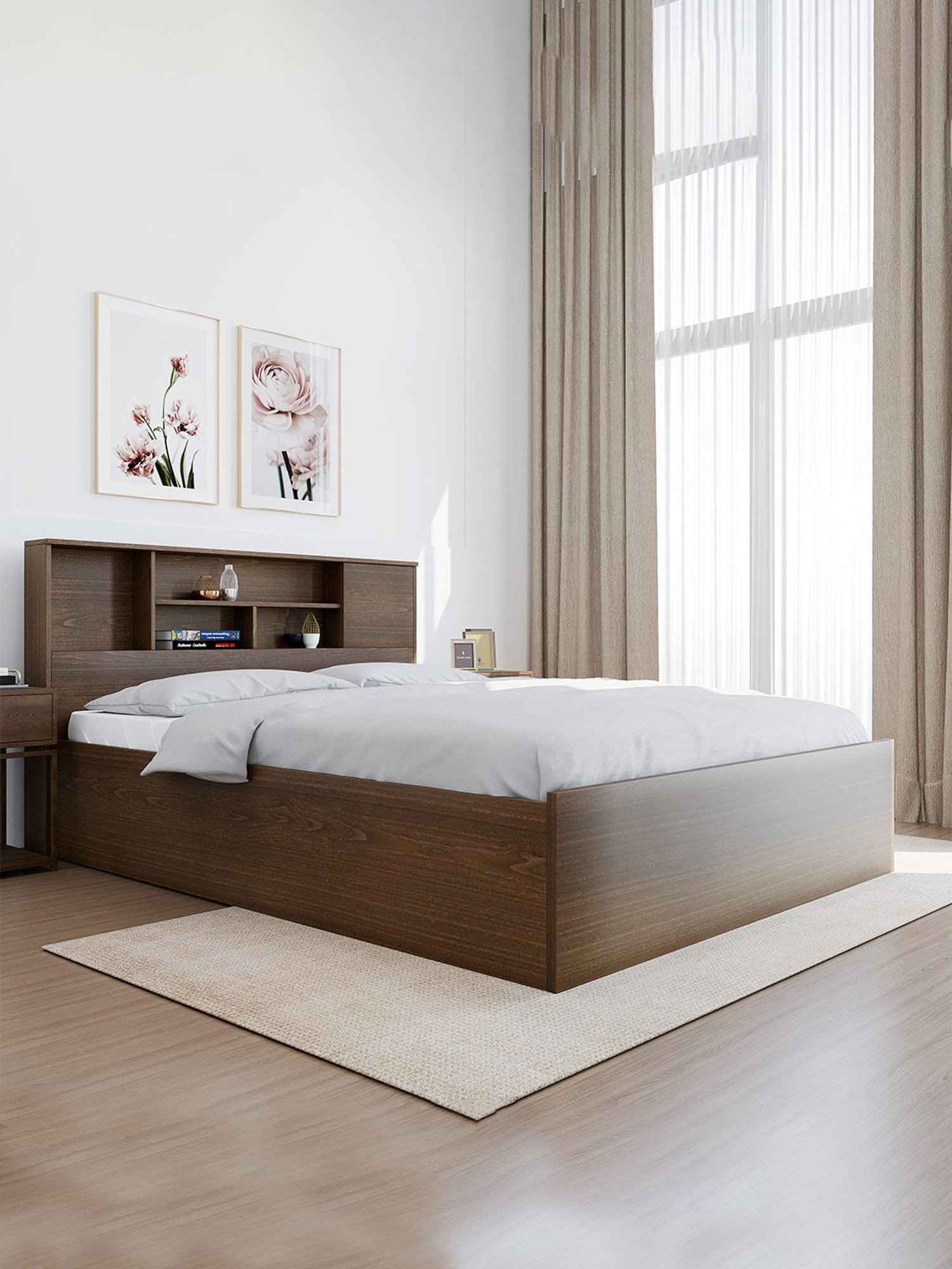 Nilkamal Mozart Walnut Brown Engineered Wood Queen Bed with Storage