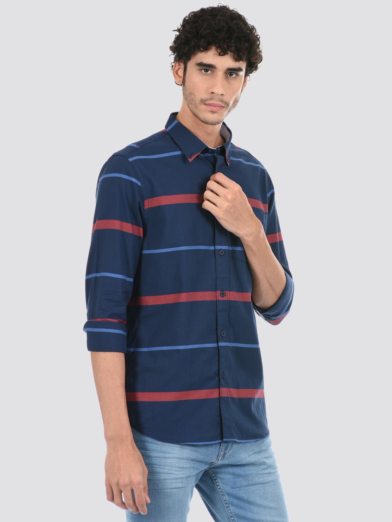 London Fog Navy Blue Regular Fit Striped Shirt