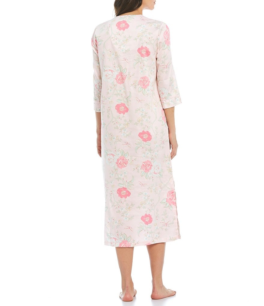 Miss Elaine Floral Print Side Slit Sateen Zip-Front Long Robe
