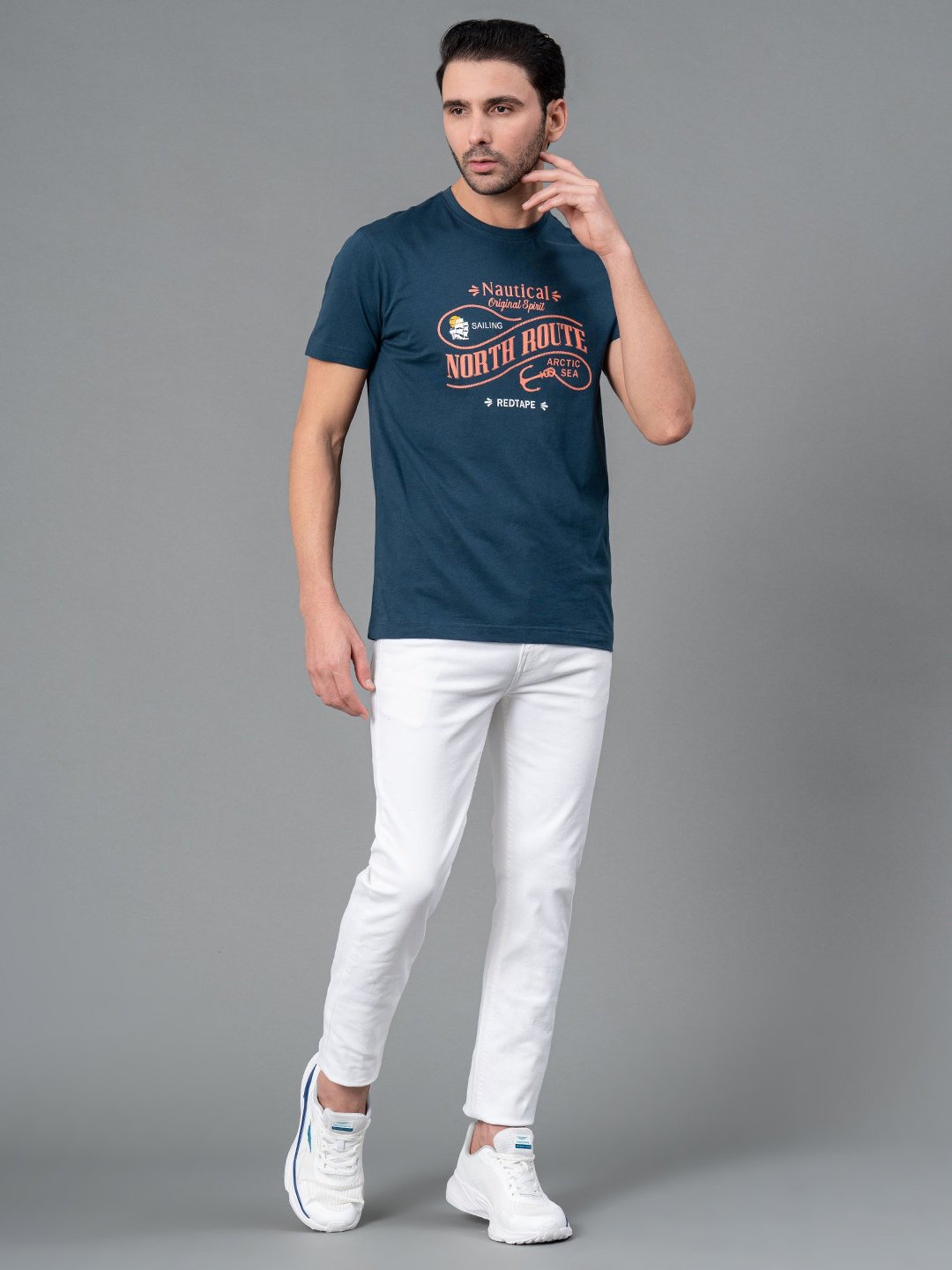 Red Tape Dark Blue Regular Fit Graphic Print Cotton Crew T-Shirt